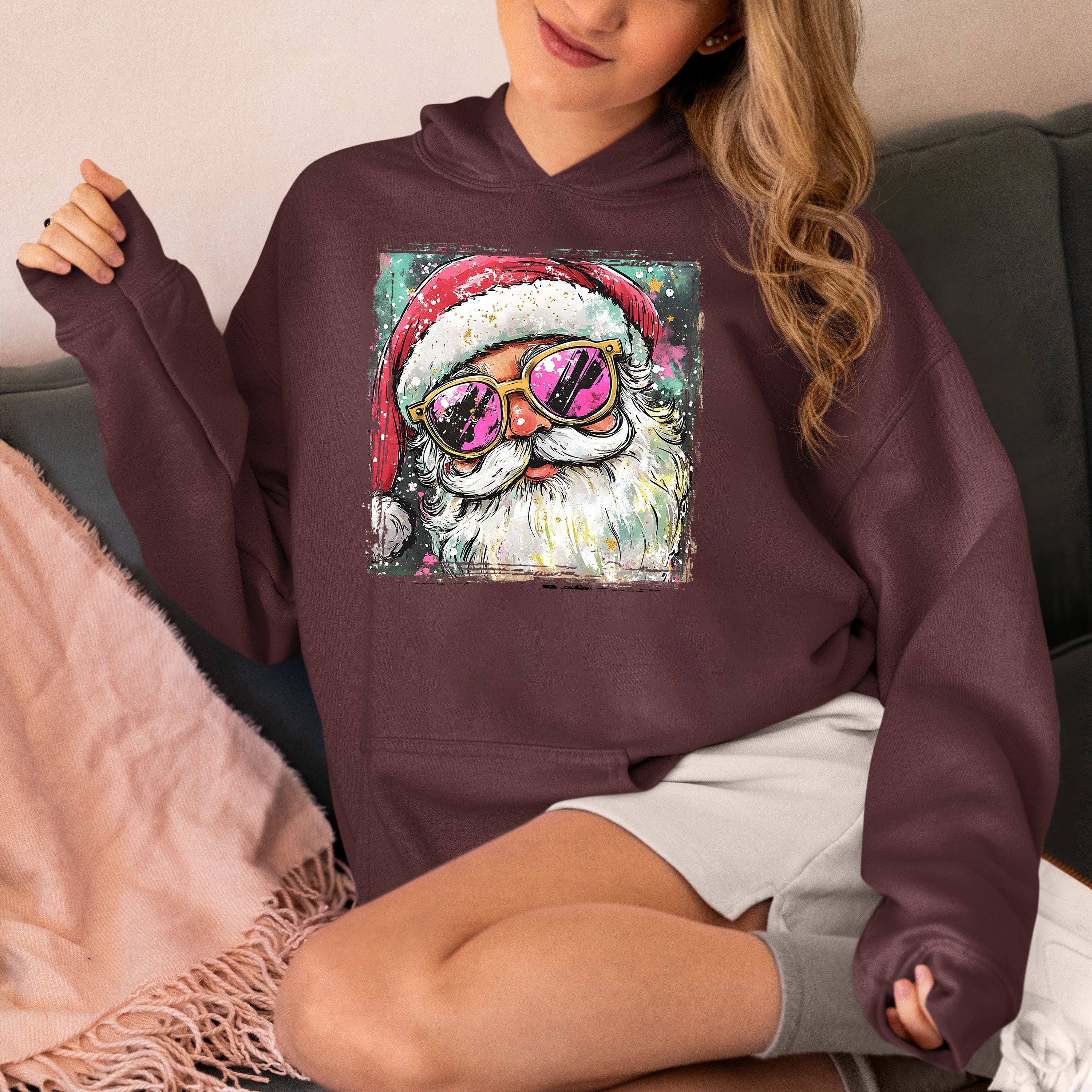 Cool Santa Christmas Art, Whimsical Santa Claus for Holiday Gift Ideas, Festive Collector Piece, Handmade Holiday Joy Hoodie