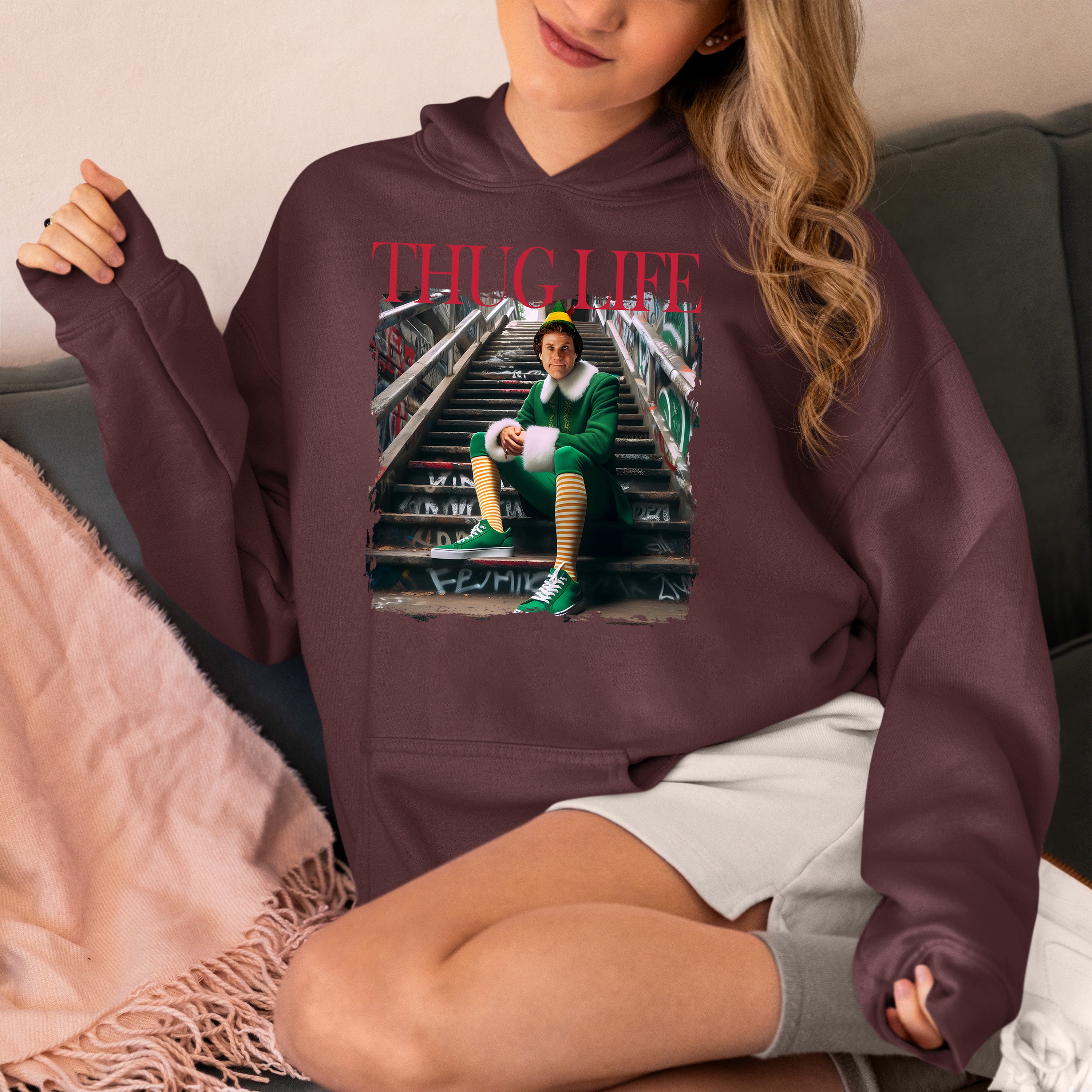 Thug Life Elf on the Streets | Christmas Humor, Naughty Elf Vibe, Festive Season Style, Holiday Laughs Gift Idea Hoodie
