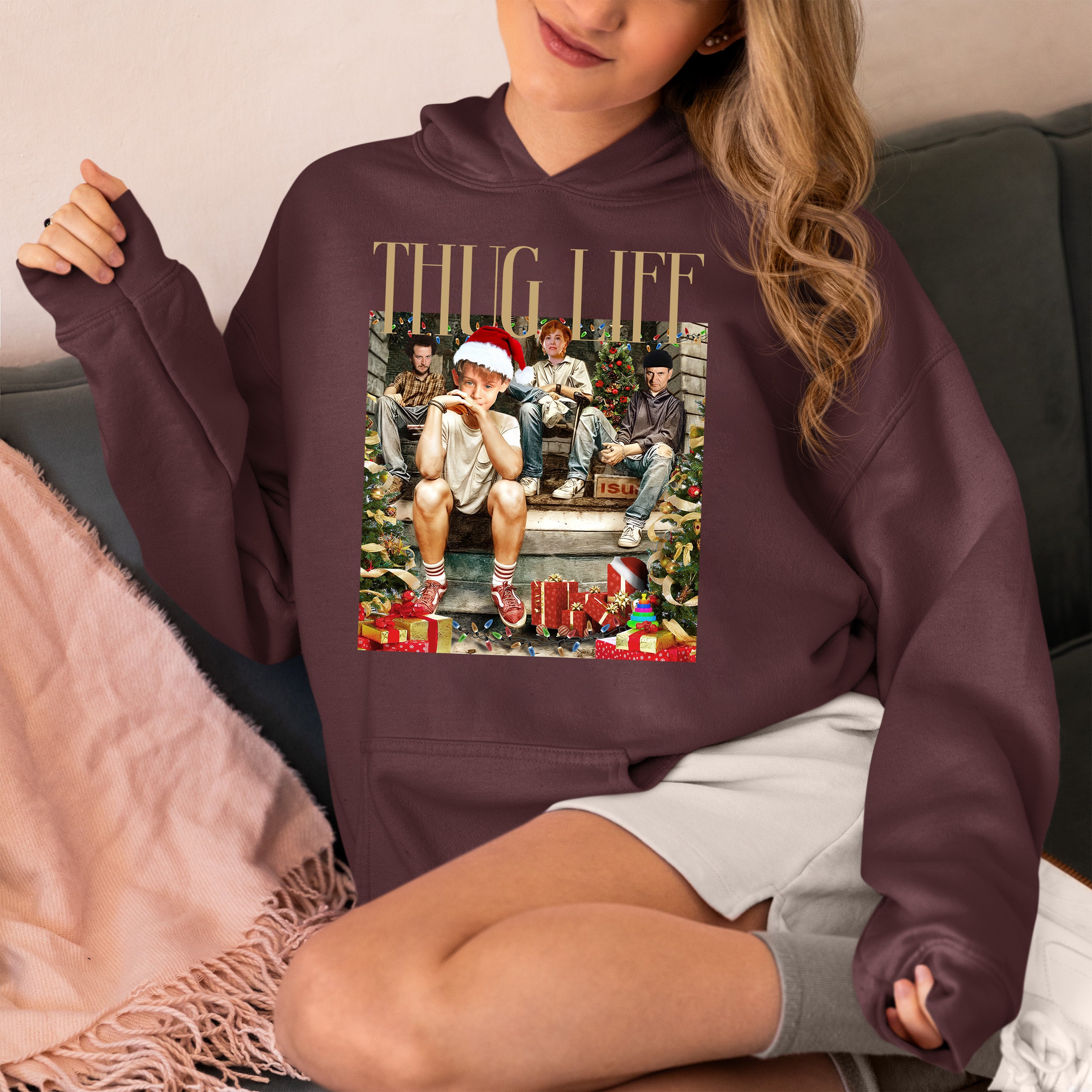 Christmas Thug Life Porch Santa Hat - Funny Santa Hat for Porch, Holiday Humor Gift Hoodie