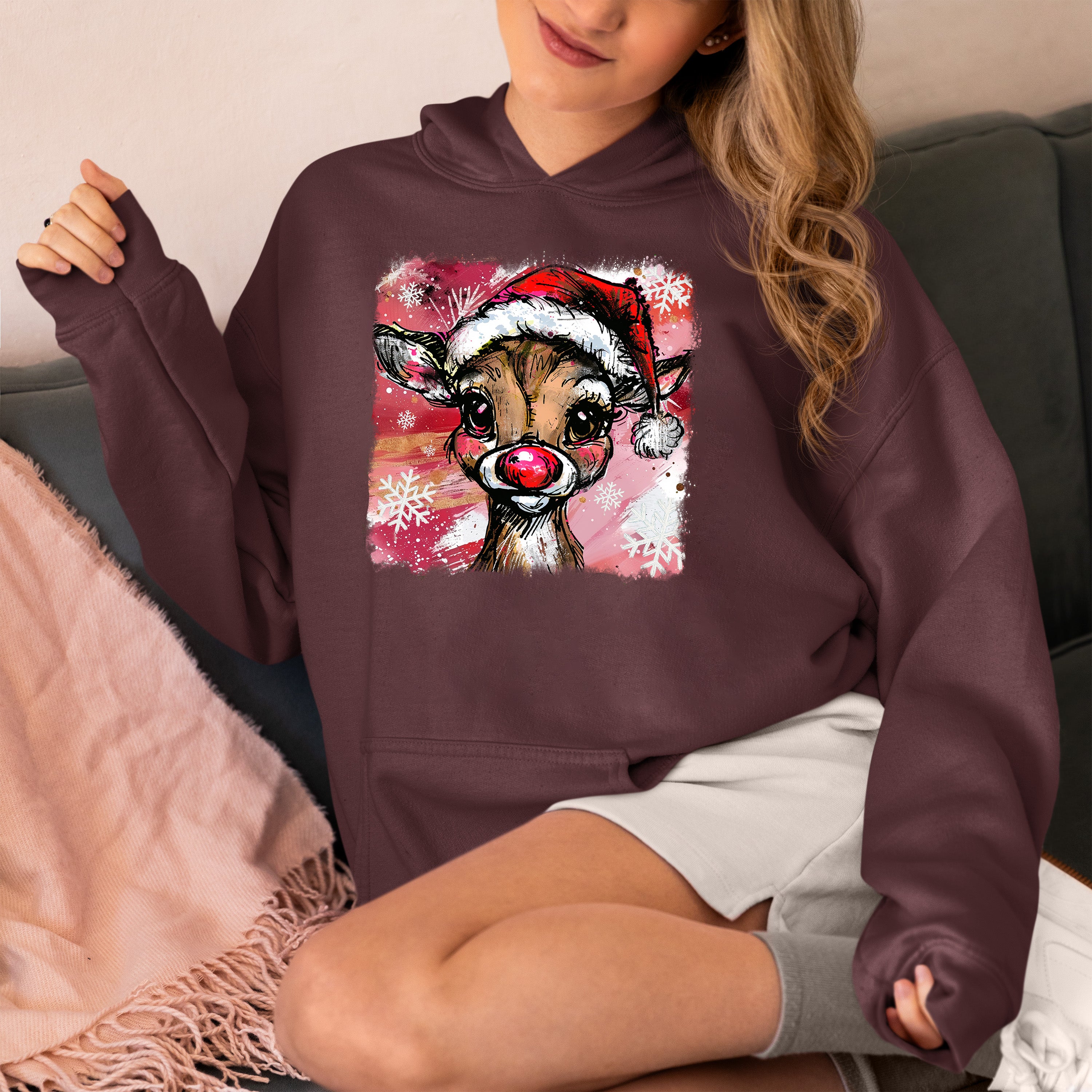 Christmas Reindeer with Hat - Festive Holiday Gift Idea, Handcrafted Seasonal Charm Hoodie