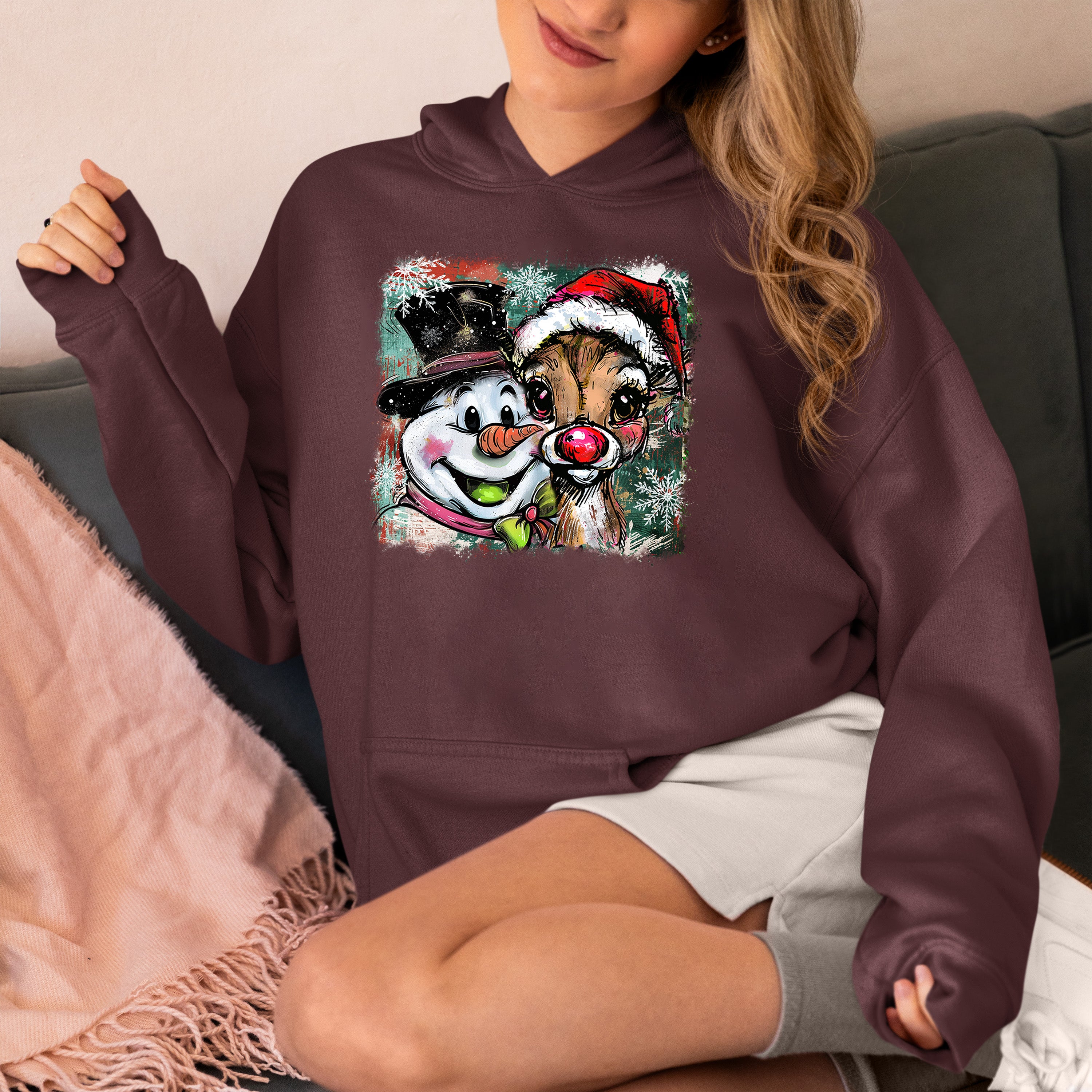 Christmas Raindeer with Snowman Scene, Cozy Winter Holiday Craft, Handmade Seasonal Gift Idea Hoodie