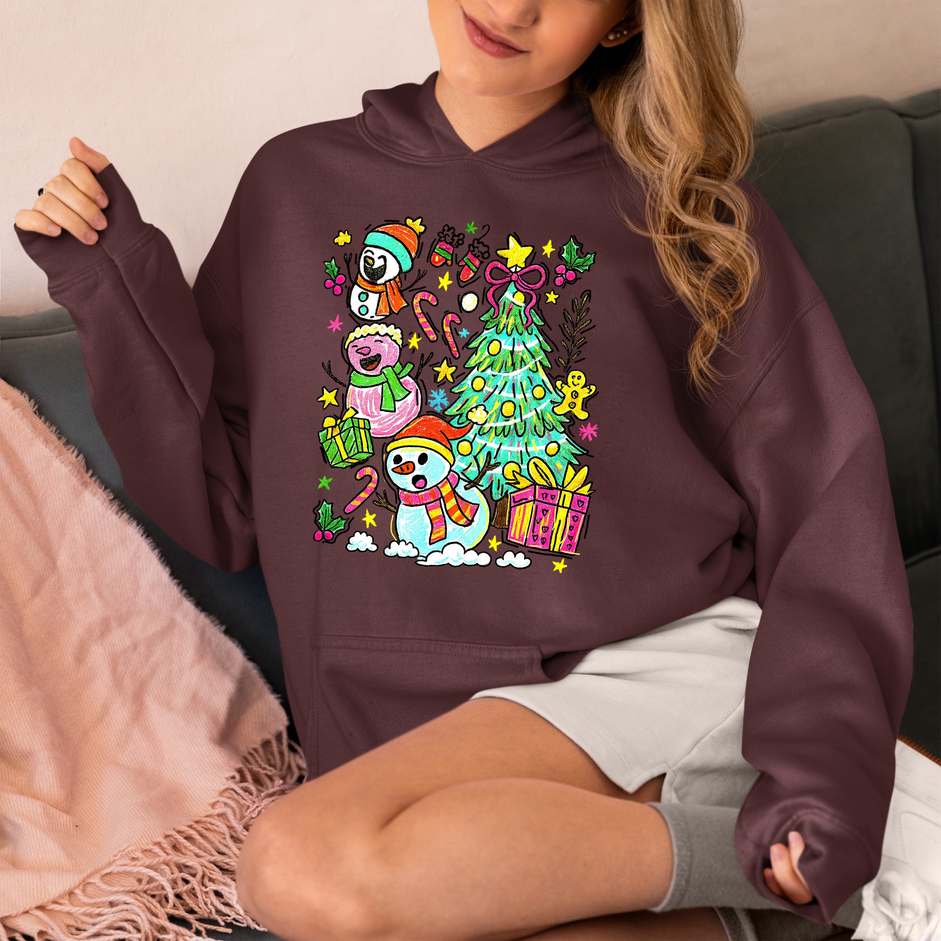 Christmas Line Drawing - Minimalist Holiday Sketch, Festive Snow Scene, Clean Black Ink Line Art for Gifts & Home Hoodie