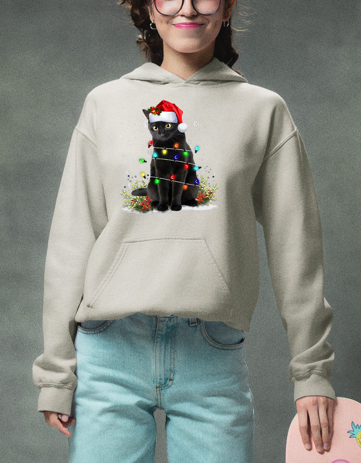 Christmas Cat Wrapped in Lights - Cute Festive Kitty in Holiday Glow, Perfect Gift for Cat Lovers, Cozy Seasonal Charm Hoodie