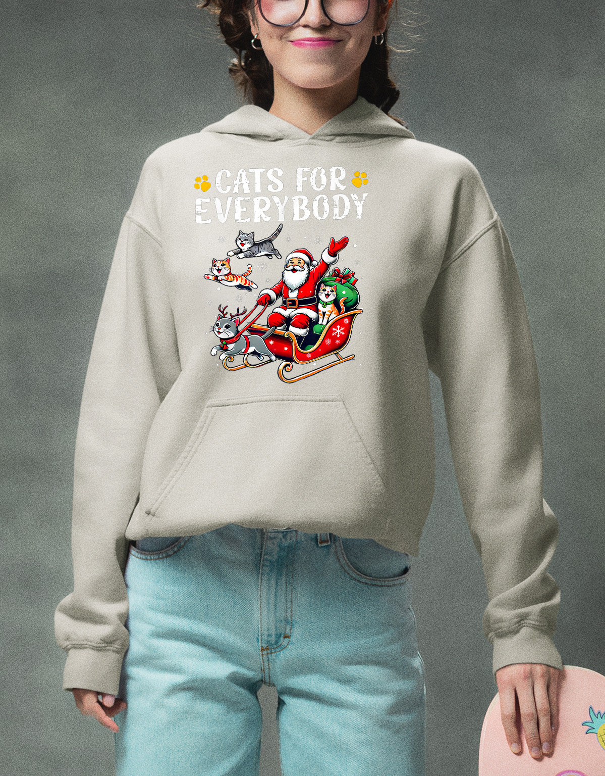 Christmas Cats for Everybody - Festive Cat Portrait Artwork for Cat Lovers - Cozy Holiday Kitty Keepsake Hoodie