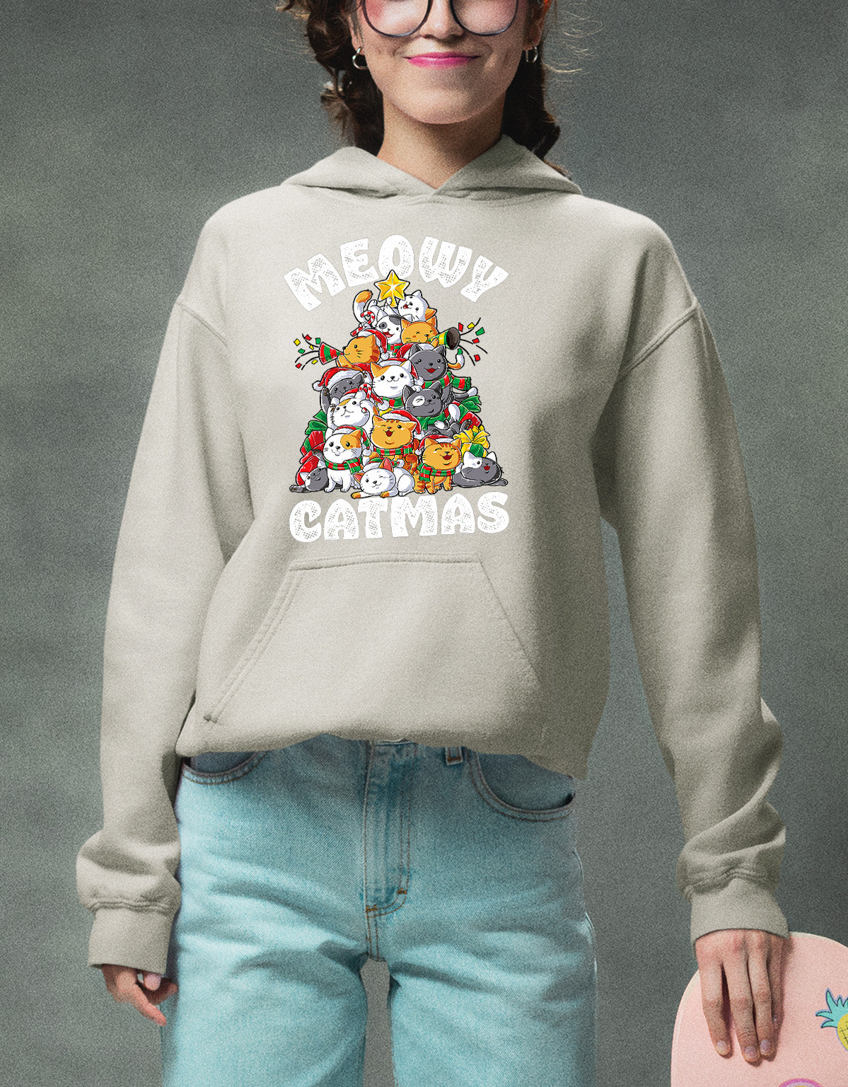 Meowy Cat Tree Christmas Gift for Cats - Festive Cat Condo, Holiday Cozy Shelter, Yuletide Cat Furniture, Seasonal Cat House Hoodie