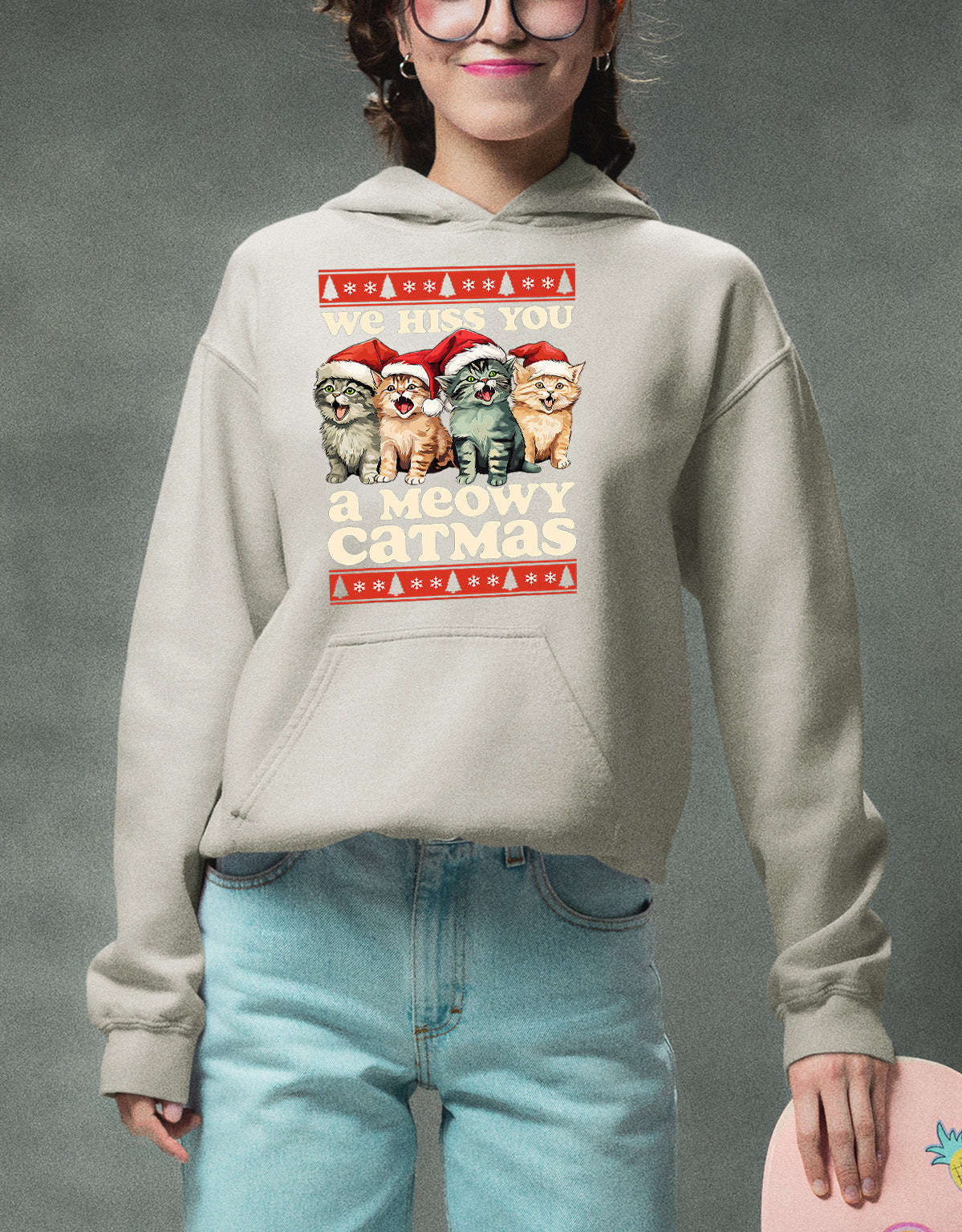 We Wish You a Meowy Christmas – Festive Cat Holiday Greeting for Season's Cheer, Cute Feline Themed Artwork Hoodie