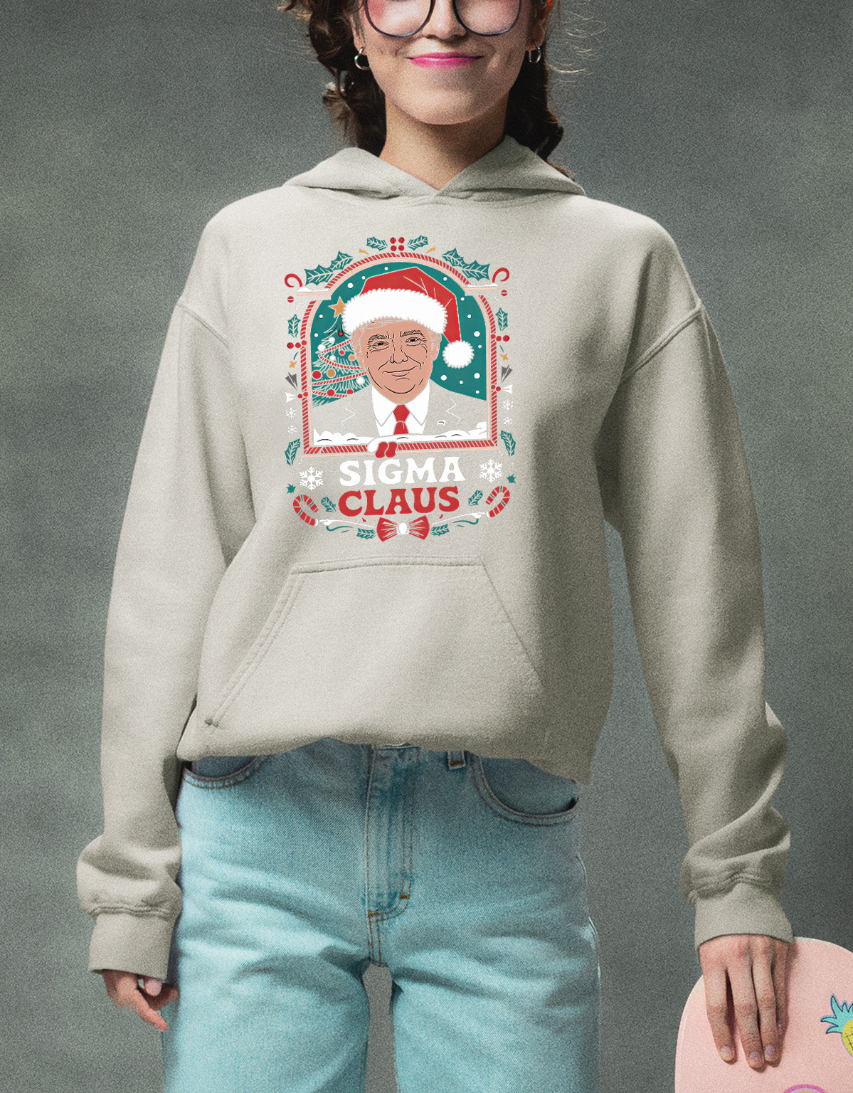 Sigma Claus Trump Christmas Charm, Holiday Satire Gift for Adults, Festive Political Humor Keepsake Hoodie