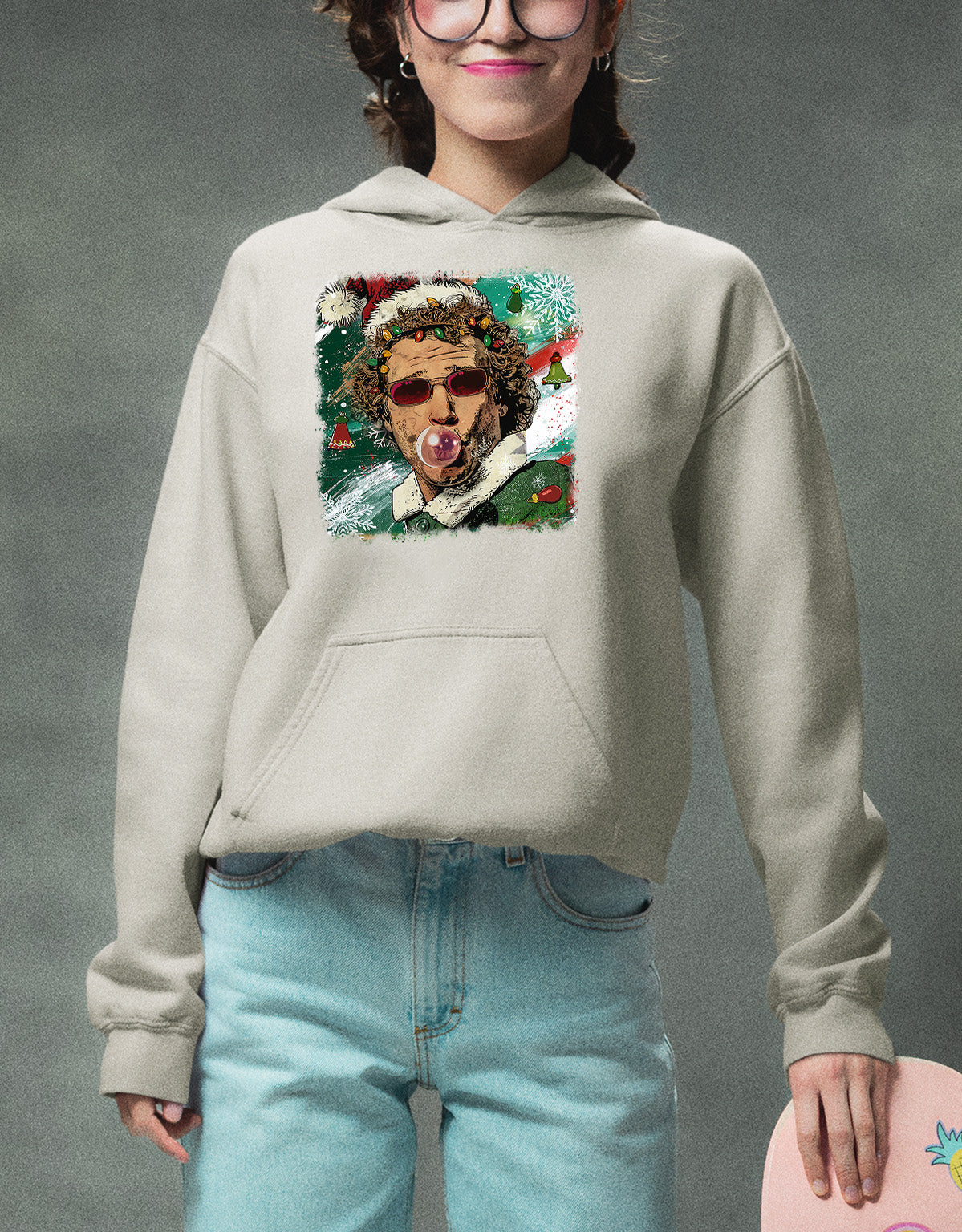 Christmas Elf Bubblegum Artwork, Whimsical Holiday Elf Art with Bubblegum, Festive Fantasy Illustration Gift Idea Hoodie