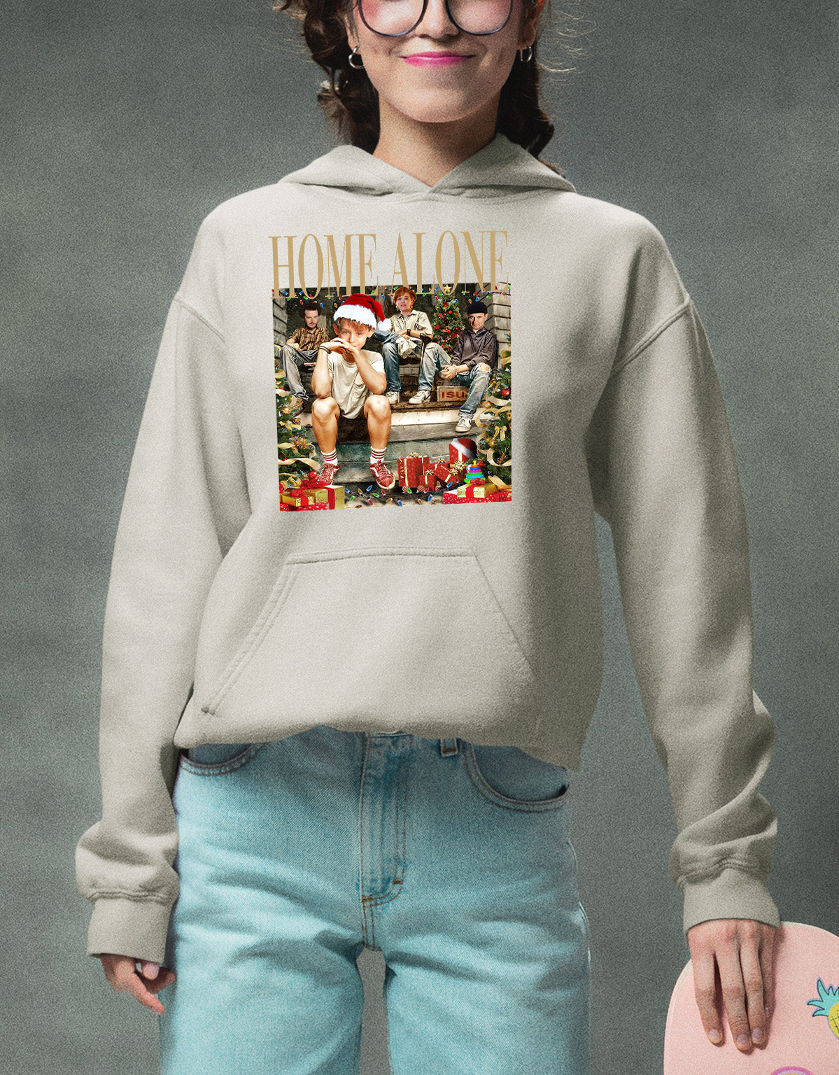 Home Alone on the Porch Christmas Scene - Cozy Holiday Porch Display Gift Idea Hoodie