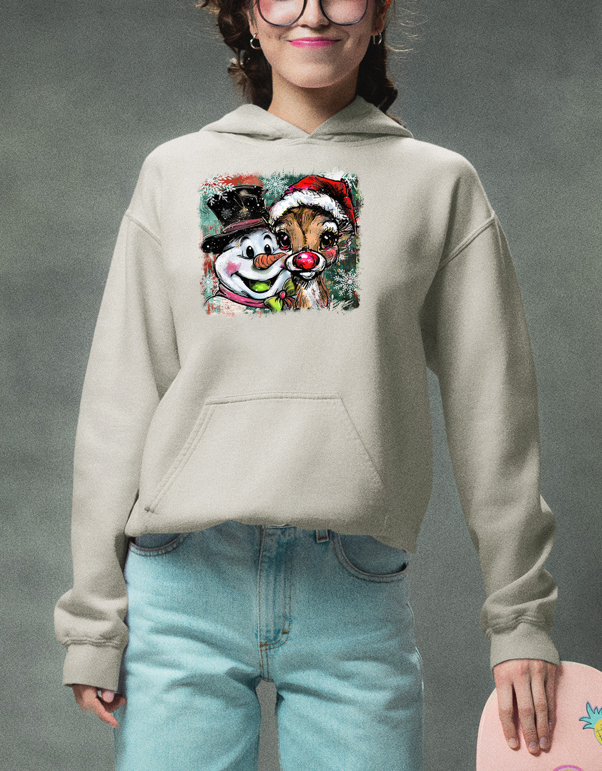 Christmas Raindeer with Snowman Scene, Cozy Winter Holiday Craft, Handmade Seasonal Gift Idea Hoodie