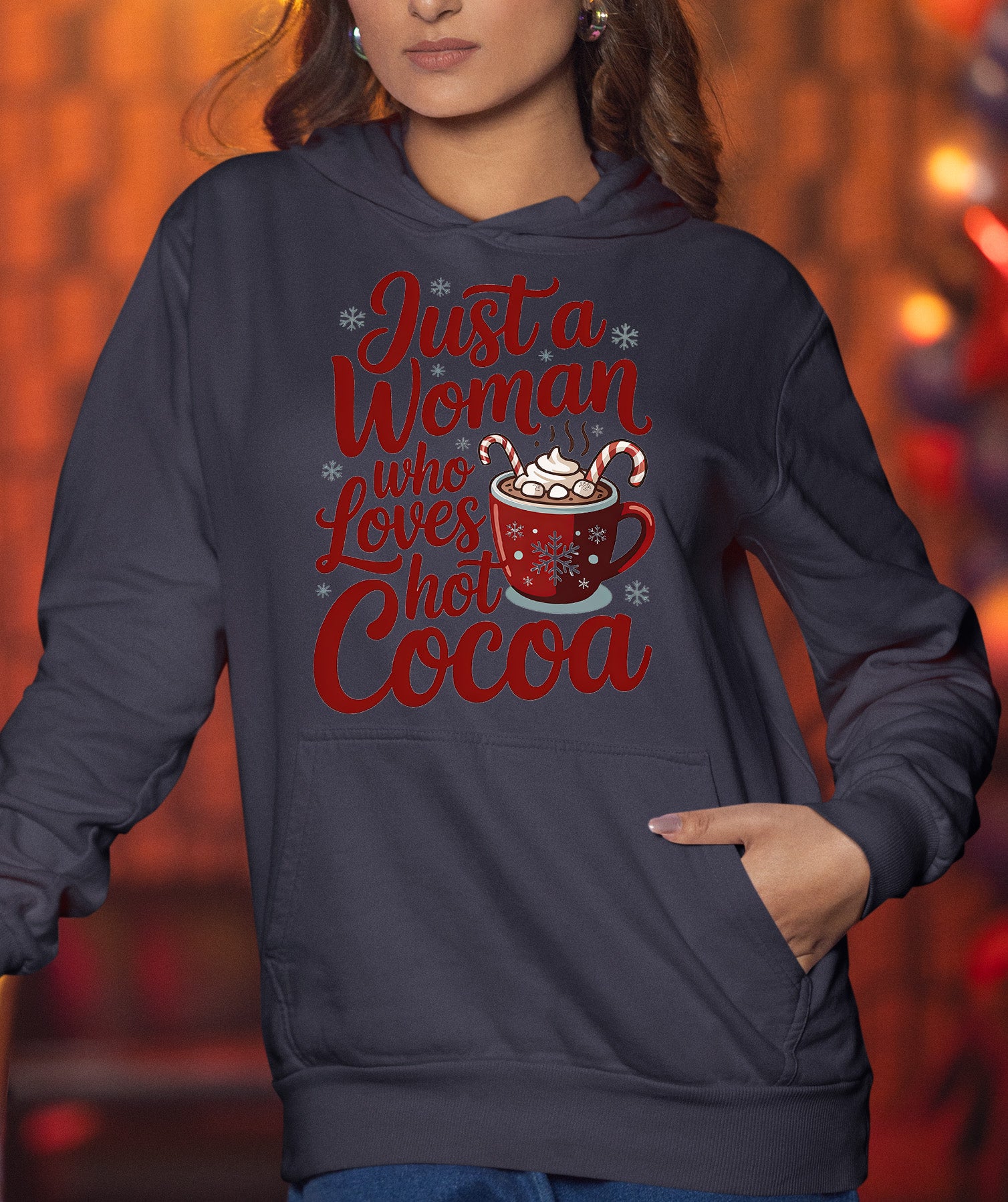 Christmas Gift for Her: Just a Woman Who Loves Hot Cocoa – Cozy Holiday Cheer Hoodie
