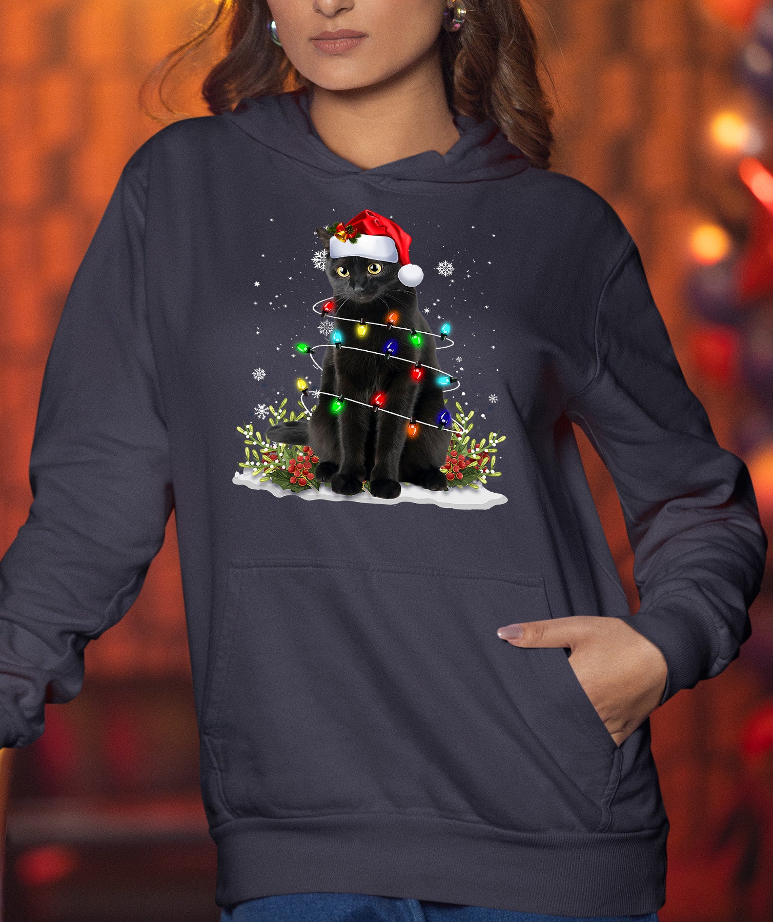 Christmas Cat Wrapped in Lights - Cute Festive Kitty in Holiday Glow, Perfect Gift for Cat Lovers, Cozy Seasonal Charm Hoodie