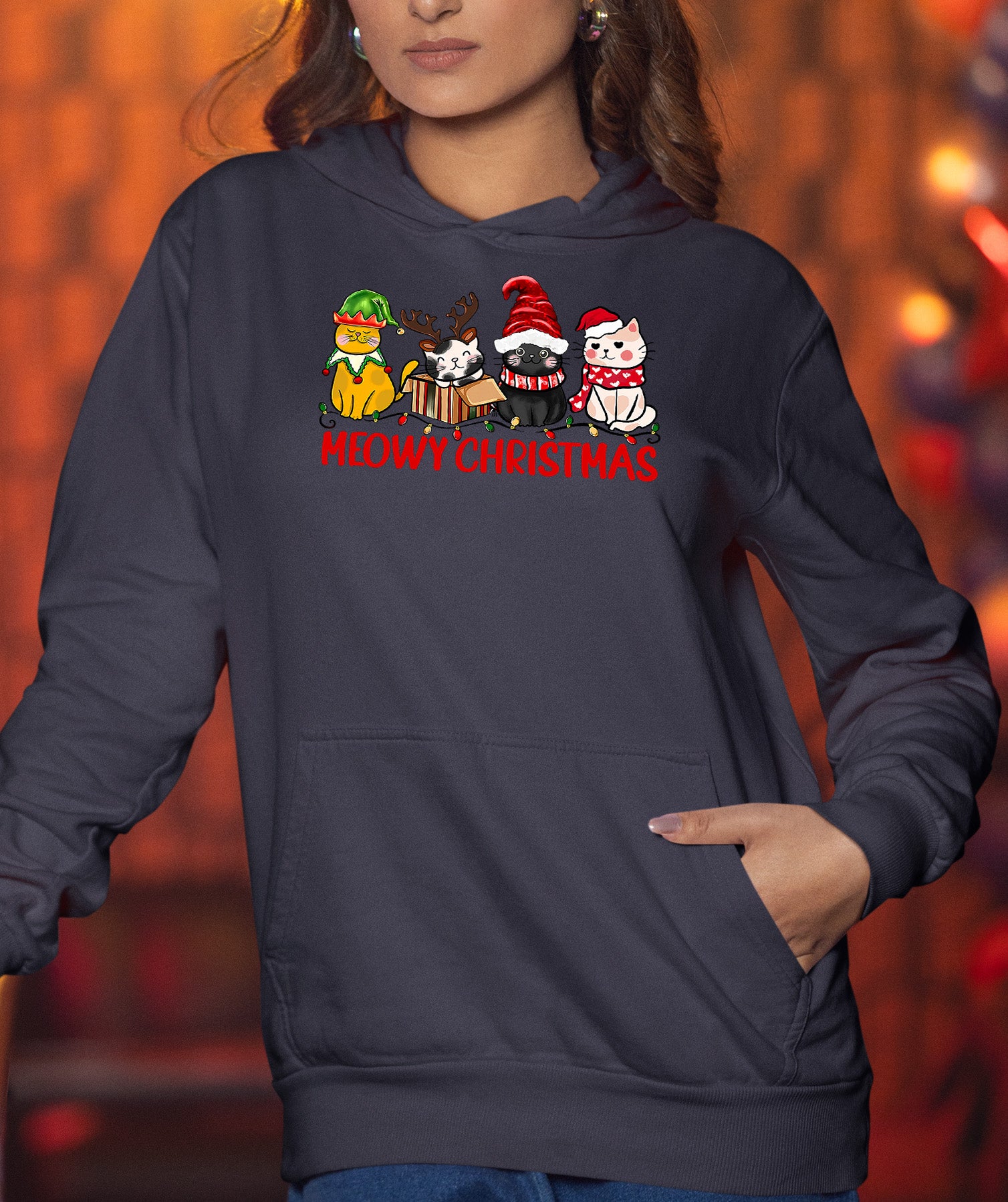Meowy Christmas Cat Art - Festive Holiday Illustration for Cat Lovers, Cute Seasonal Gift Idea Hoodie