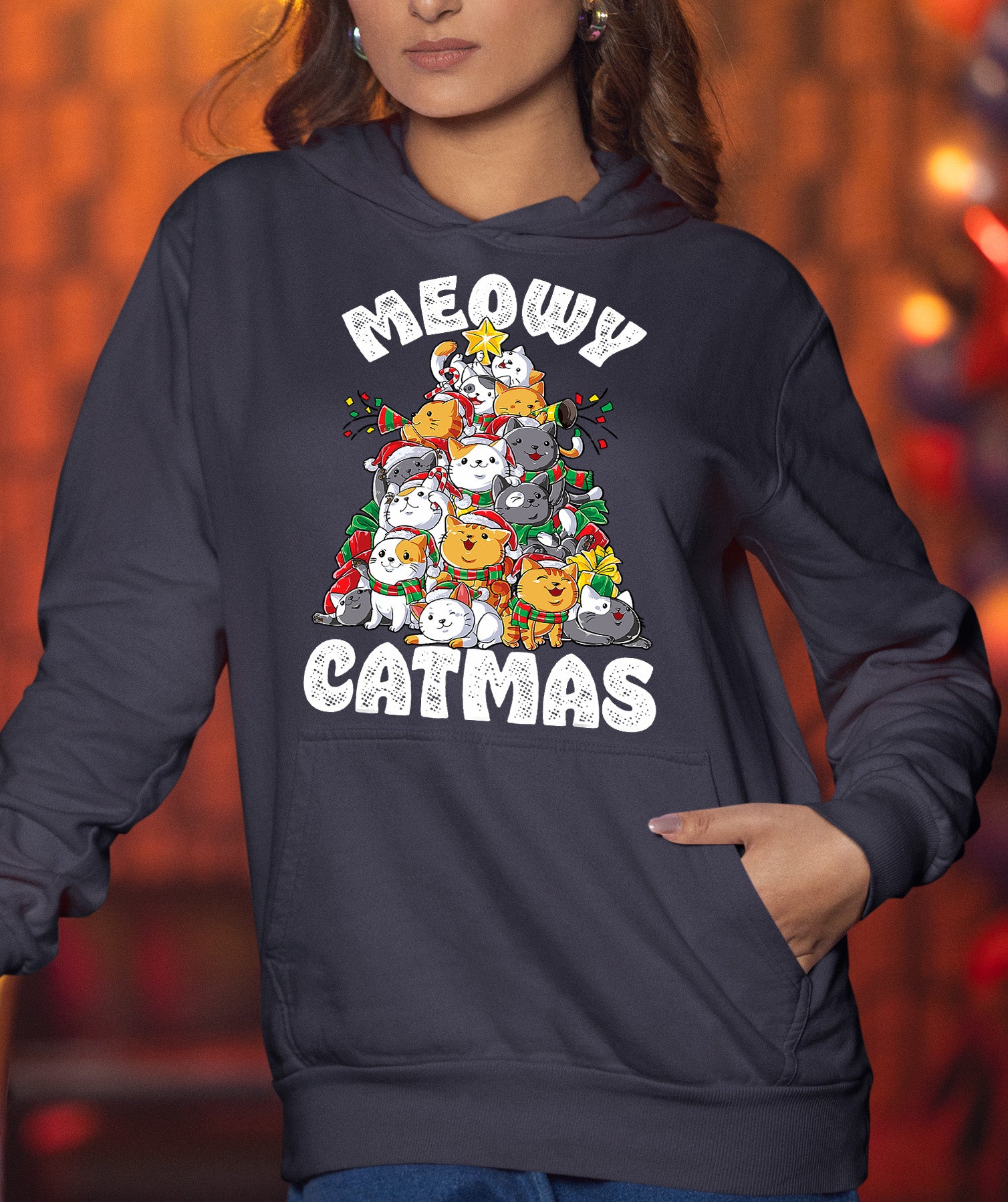 Meowy Cat Tree Christmas Gift for Cats - Festive Cat Condo, Holiday Cozy Shelter, Yuletide Cat Furniture, Seasonal Cat House Hoodie