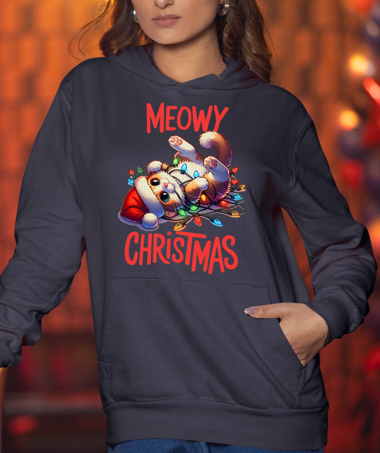 Meowy Christmas Cat Illustration, Festive Holiday Poster for Cat Lovers, Cozy Seasonal Gift, Cute Feline Artwork Hoodie