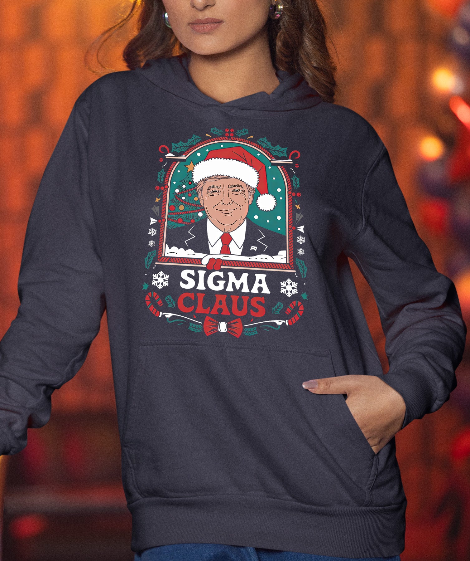 Sigma Claus Trump Christmas Charm, Holiday Satire Gift for Adults, Festive Political Humor Keepsake Hoodie
