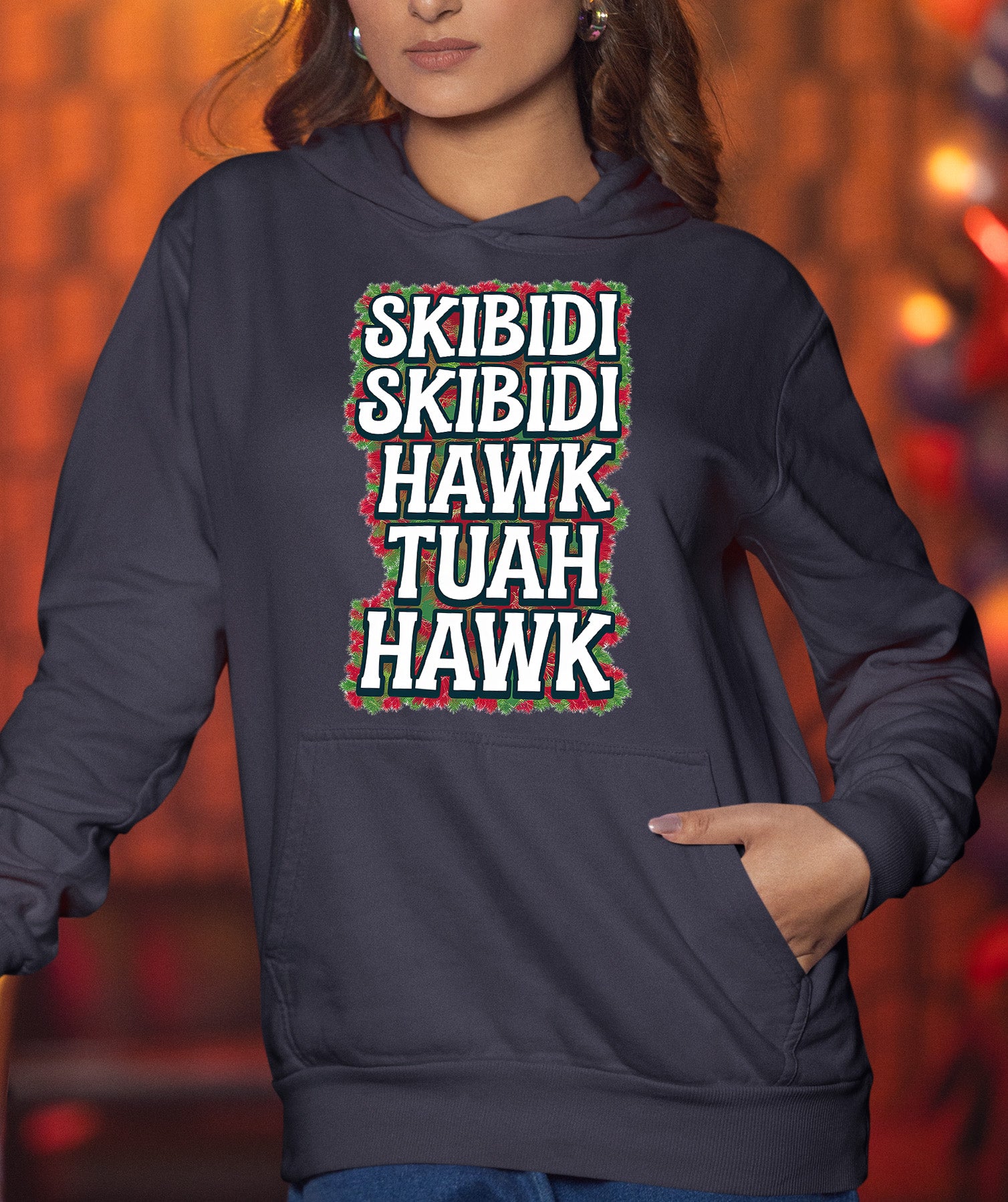 Christmas Skibidi Skibidi Hawk Tuah Hawk Art - Festive Holiday Scene for Gifts, Unique Cheer, Seasonal Pixel Masterpiece Hoodie