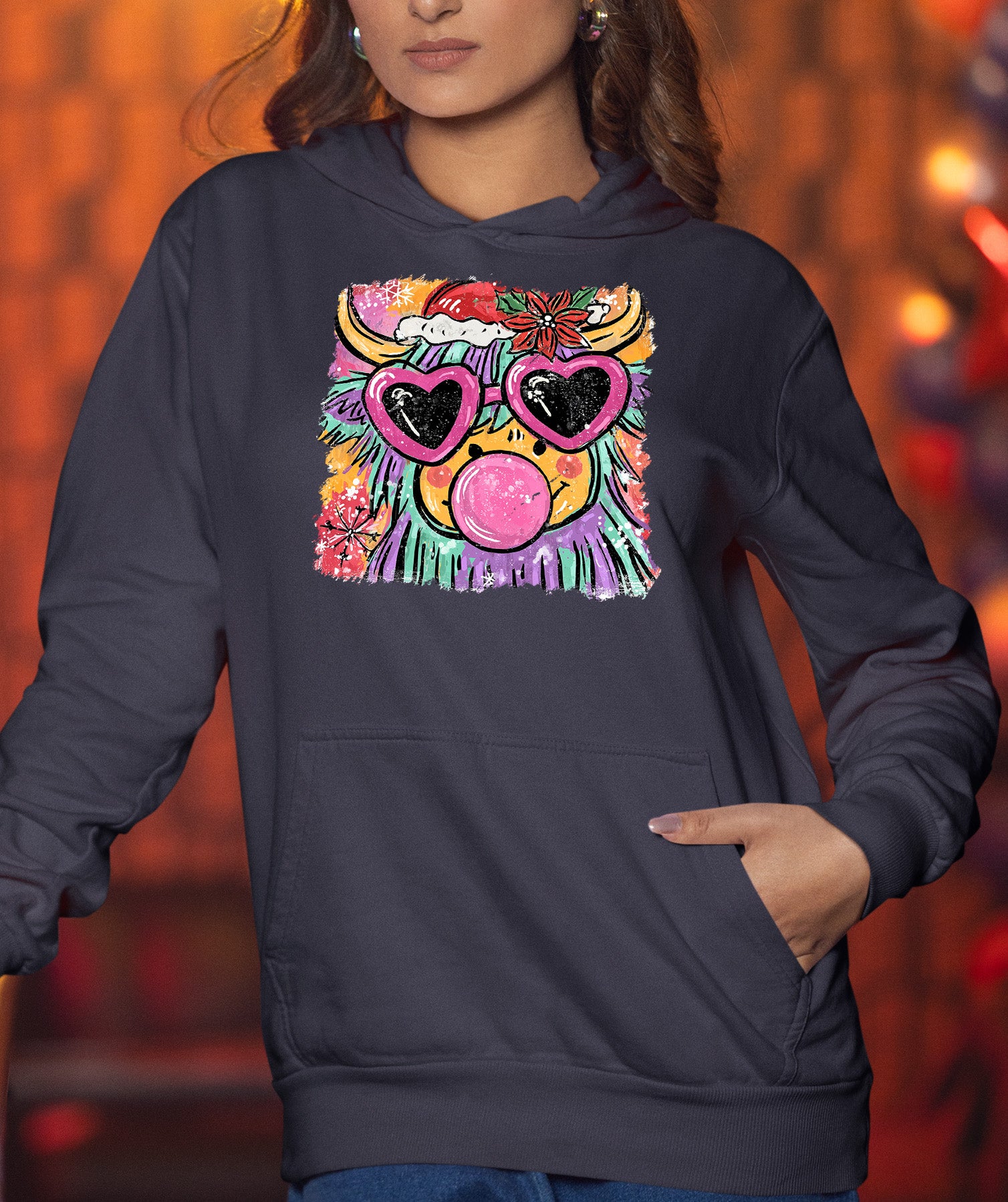 Highland Cow Christmas - Scottish Holiday Scene, Folk Art Gift for Winter, Rustic Cute Keepsake Hoodie