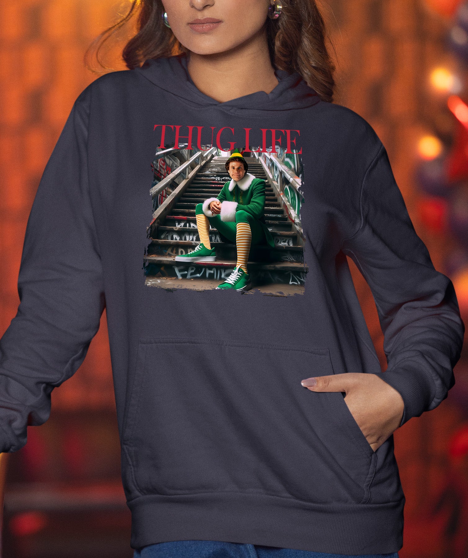 Thug Life Elf on the Streets | Christmas Humor, Naughty Elf Vibe, Festive Season Style, Holiday Laughs Gift Idea Hoodie
