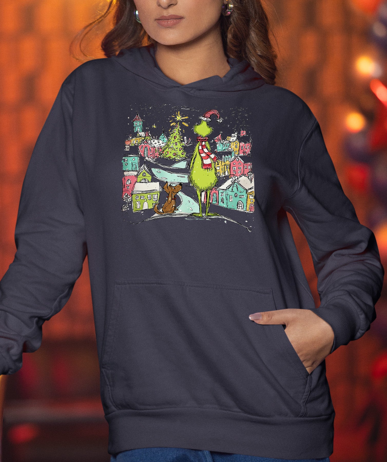 Line Drawing Christmas Illustration - Minimalist Holiday Scene, Nordic Christmas Art, Cozy Winter Gift Hoodie