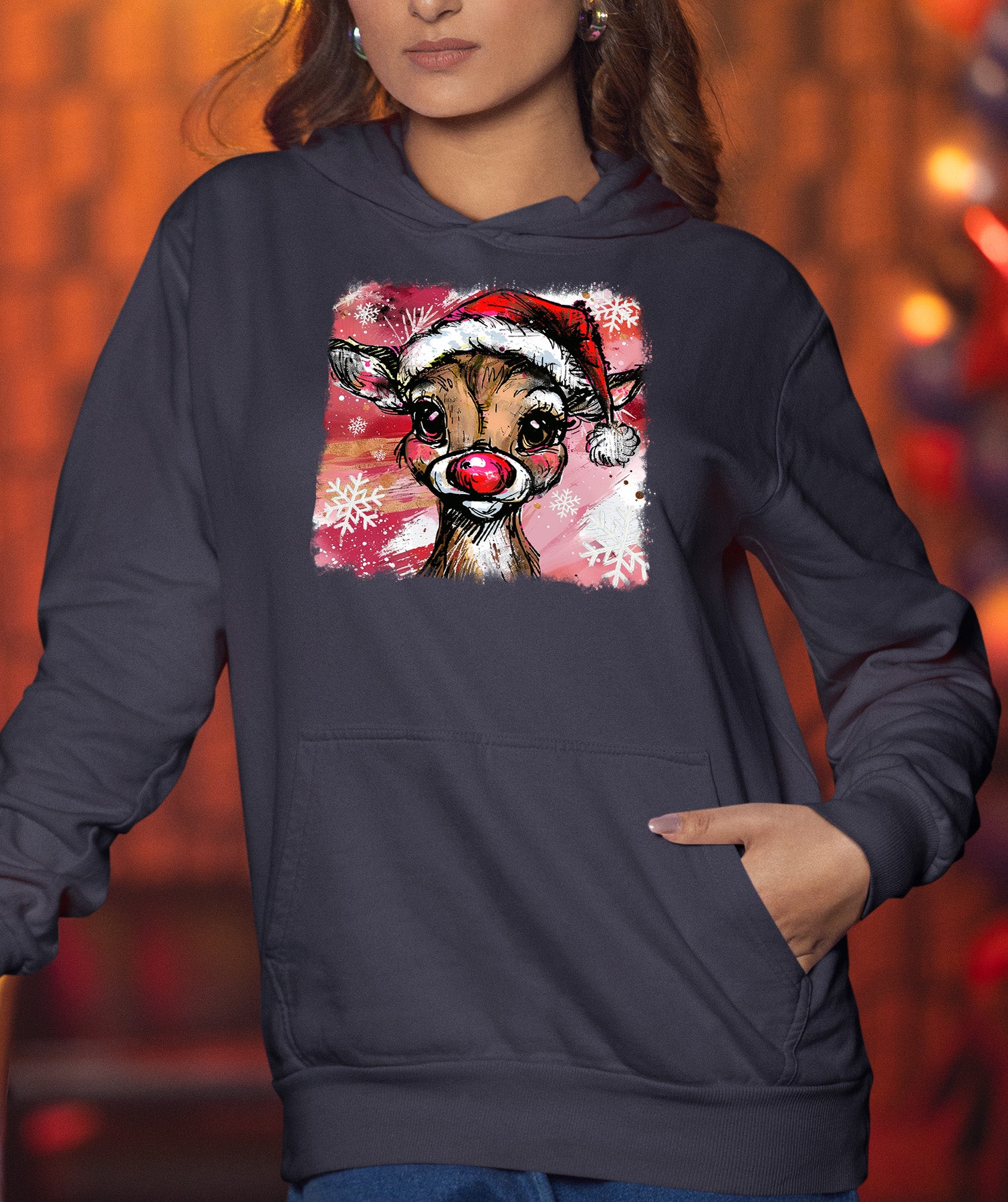 Christmas Reindeer with Hat - Festive Holiday Gift Idea, Handcrafted Seasonal Charm Hoodie