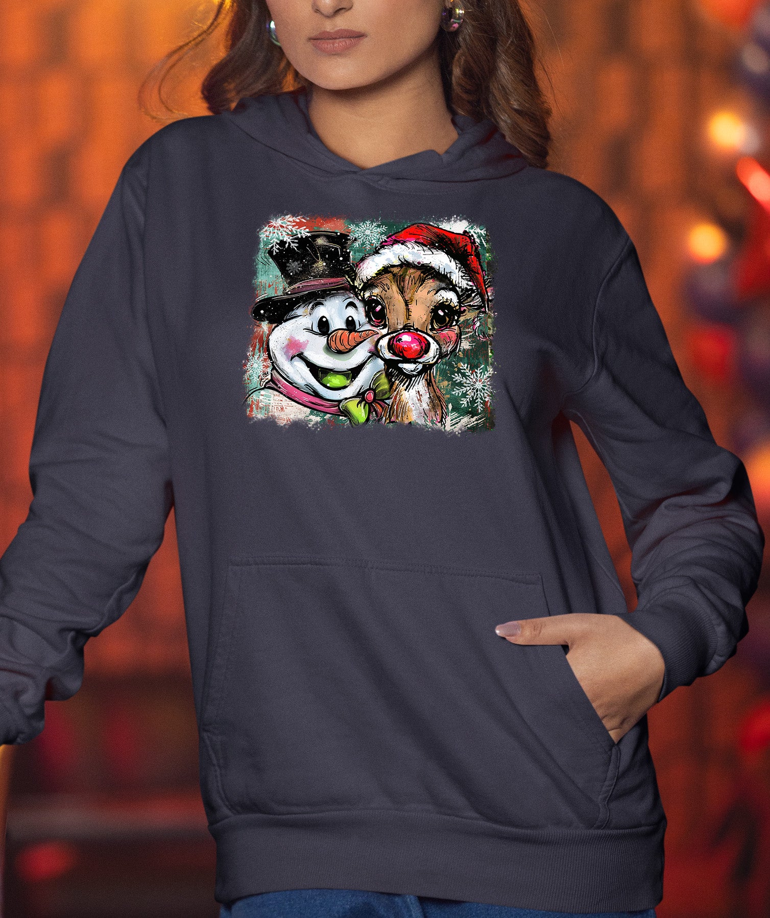 Christmas Raindeer with Snowman Scene, Cozy Winter Holiday Craft, Handmade Seasonal Gift Idea Hoodie
