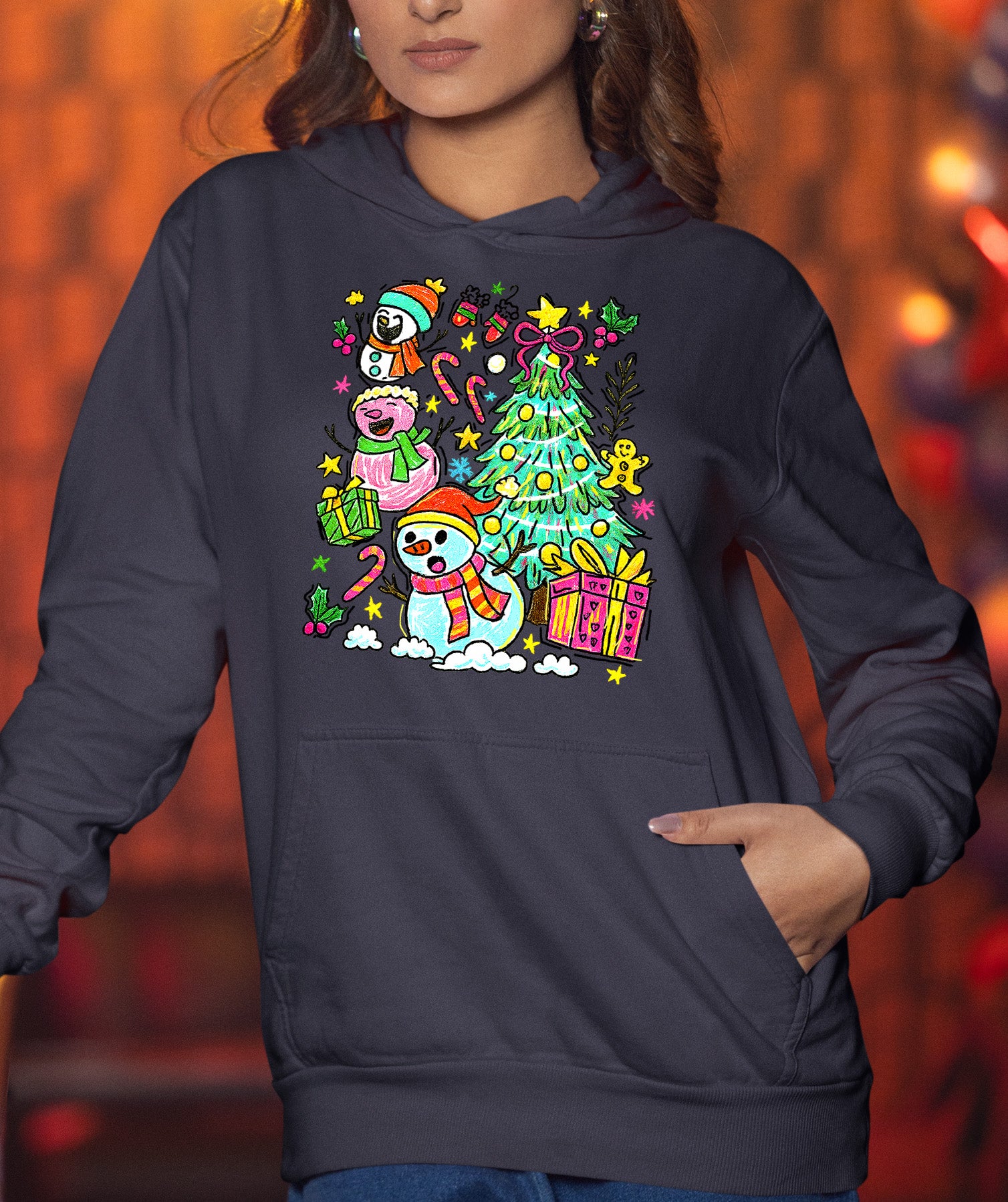 Christmas Line Drawing - Minimalist Holiday Sketch, Festive Snow Scene, Clean Black Ink Line Art for Gifts & Home Hoodie