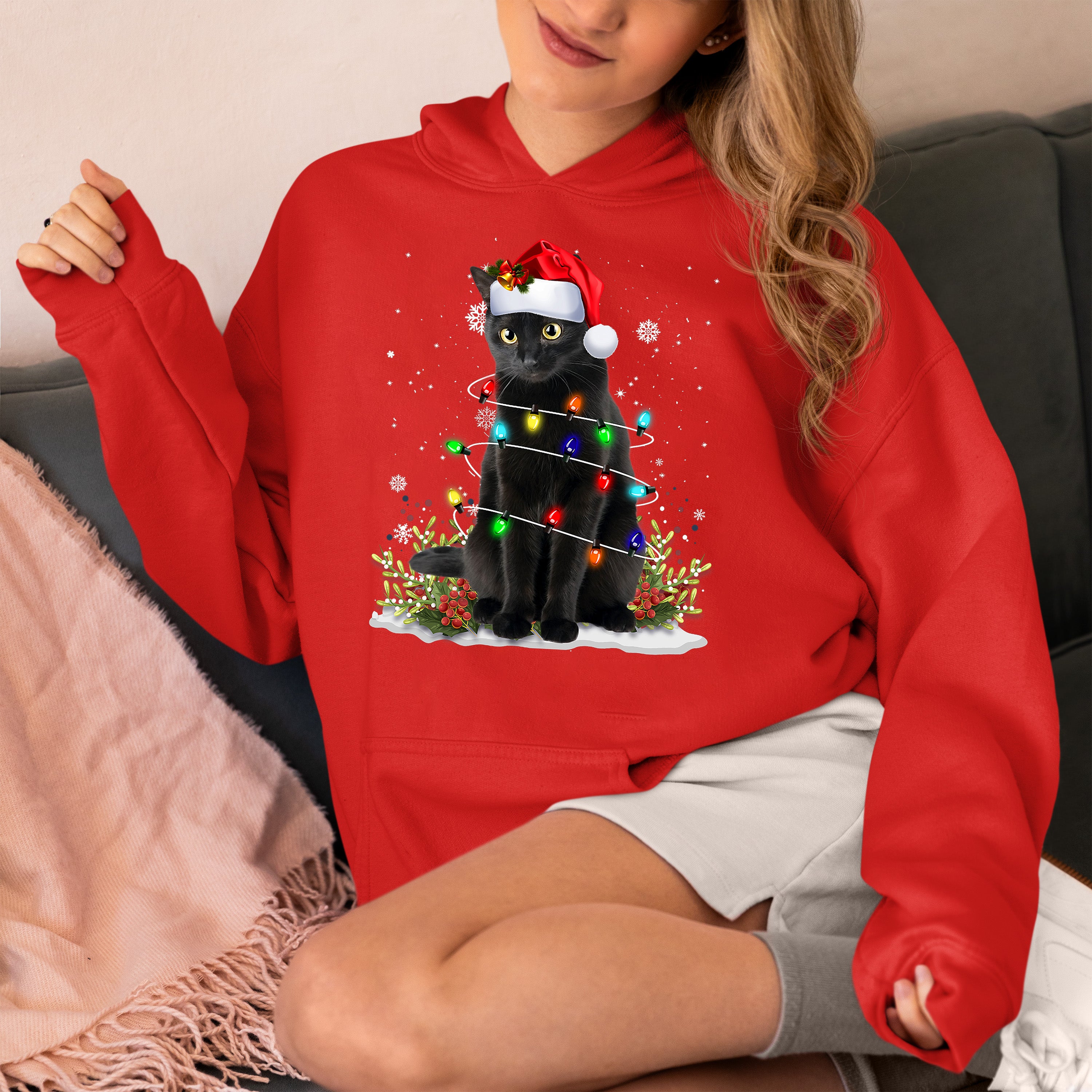 Christmas Cat Wrapped in Lights - Cute Festive Kitty in Holiday Glow, Perfect Gift for Cat Lovers, Cozy Seasonal Charm Hoodie