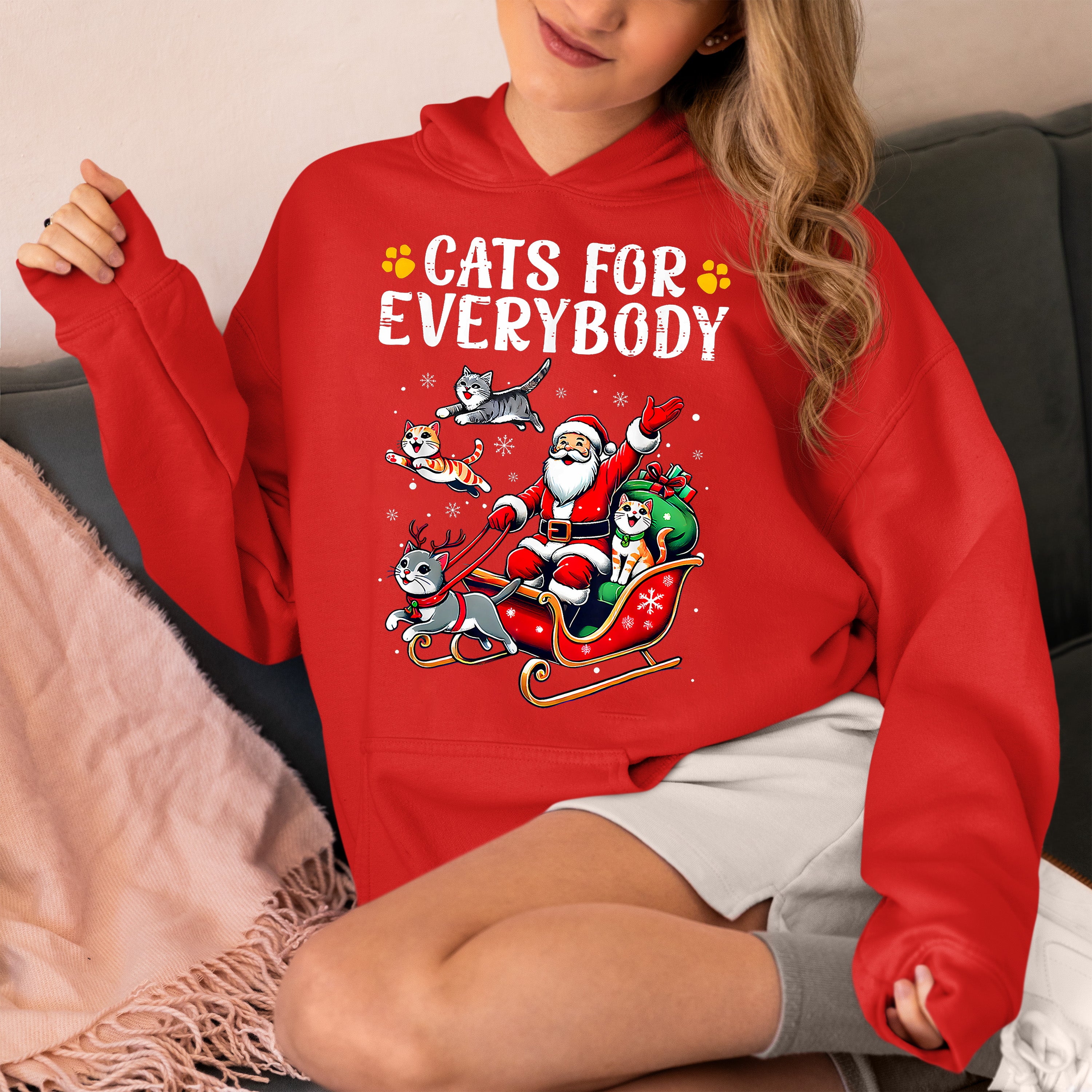 Christmas Cats for Everybody - Festive Cat Portrait Artwork for Cat Lovers - Cozy Holiday Kitty Keepsake Hoodie