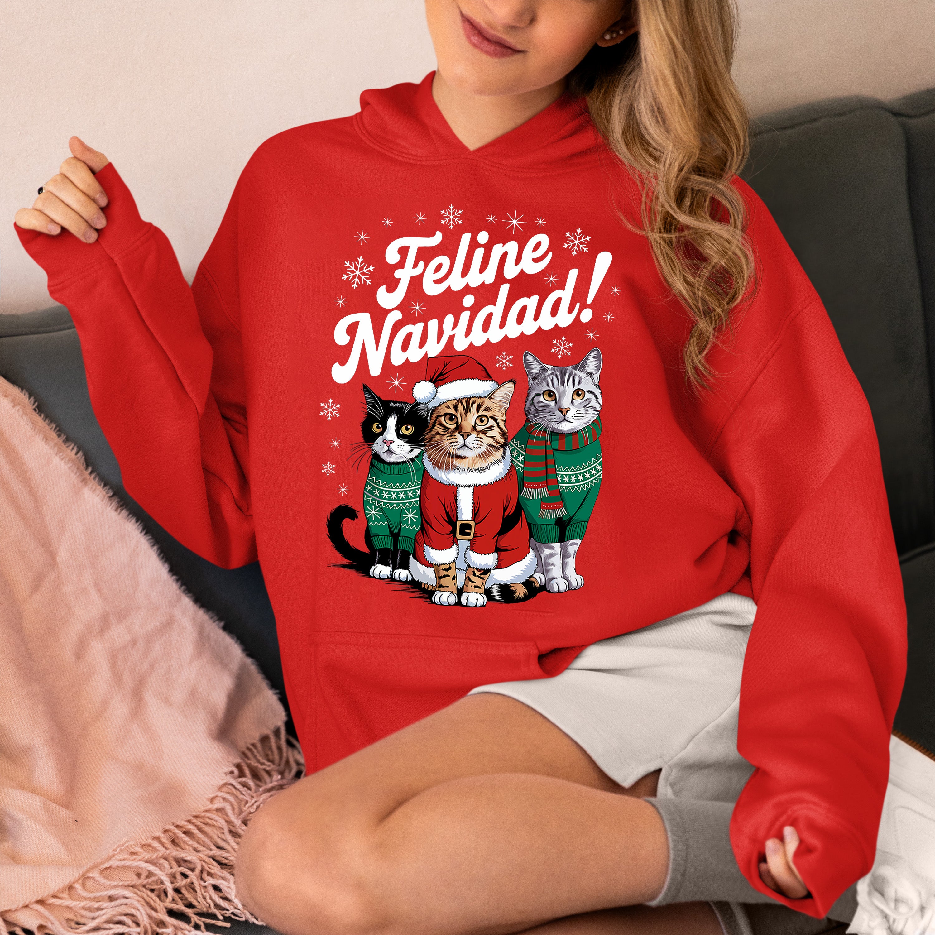 Cat Snowflakes Christmas Theme - Festive Holiday Cat Artwork for Season Hoodie
