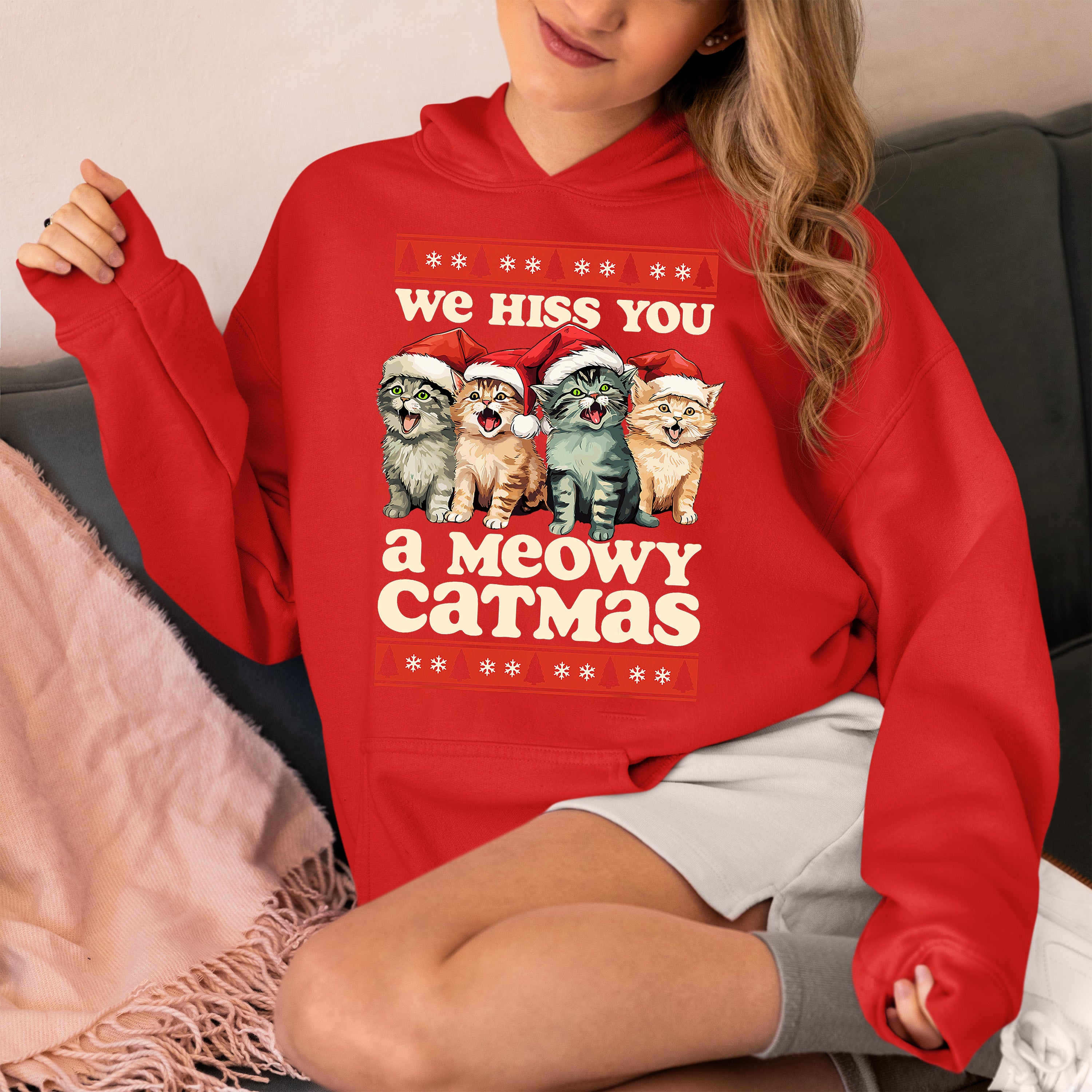 We Wish You a Meowy Christmas – Festive Cat Holiday Greeting for Season's Cheer, Cute Feline Themed Artwork Hoodie