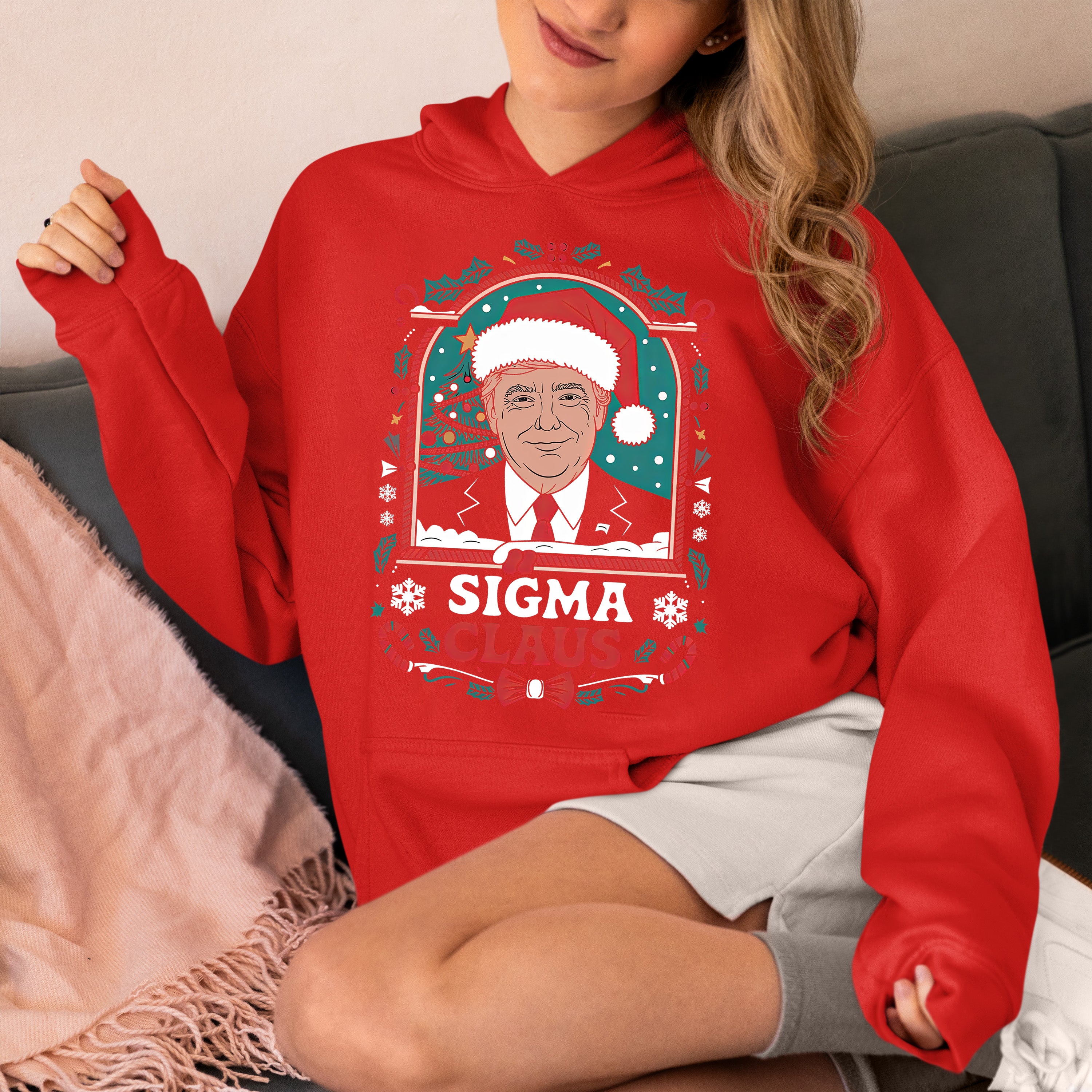 Sigma Claus Trump Christmas Charm, Holiday Satire Gift for Adults, Festive Political Humor Keepsake Hoodie