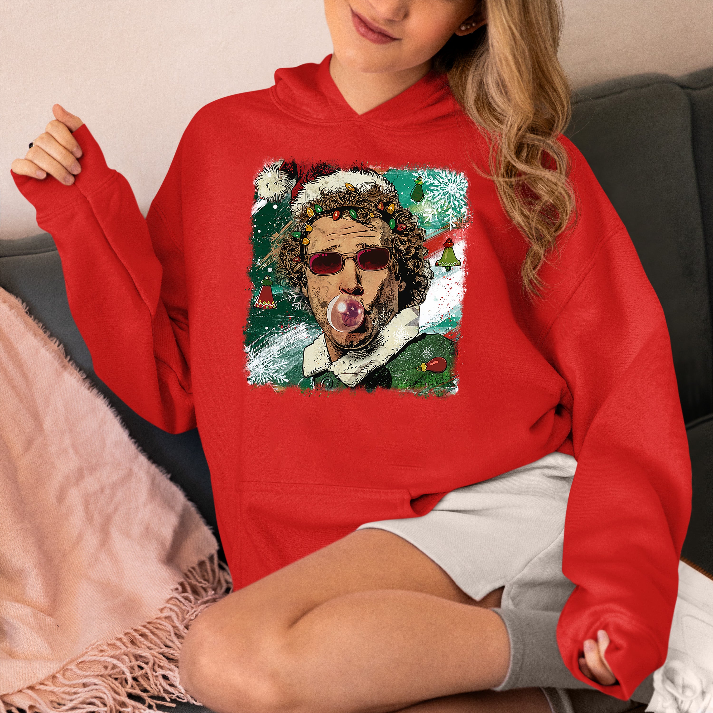Christmas Elf Bubblegum Artwork, Whimsical Holiday Elf Art with Bubblegum, Festive Fantasy Illustration Gift Idea Hoodie