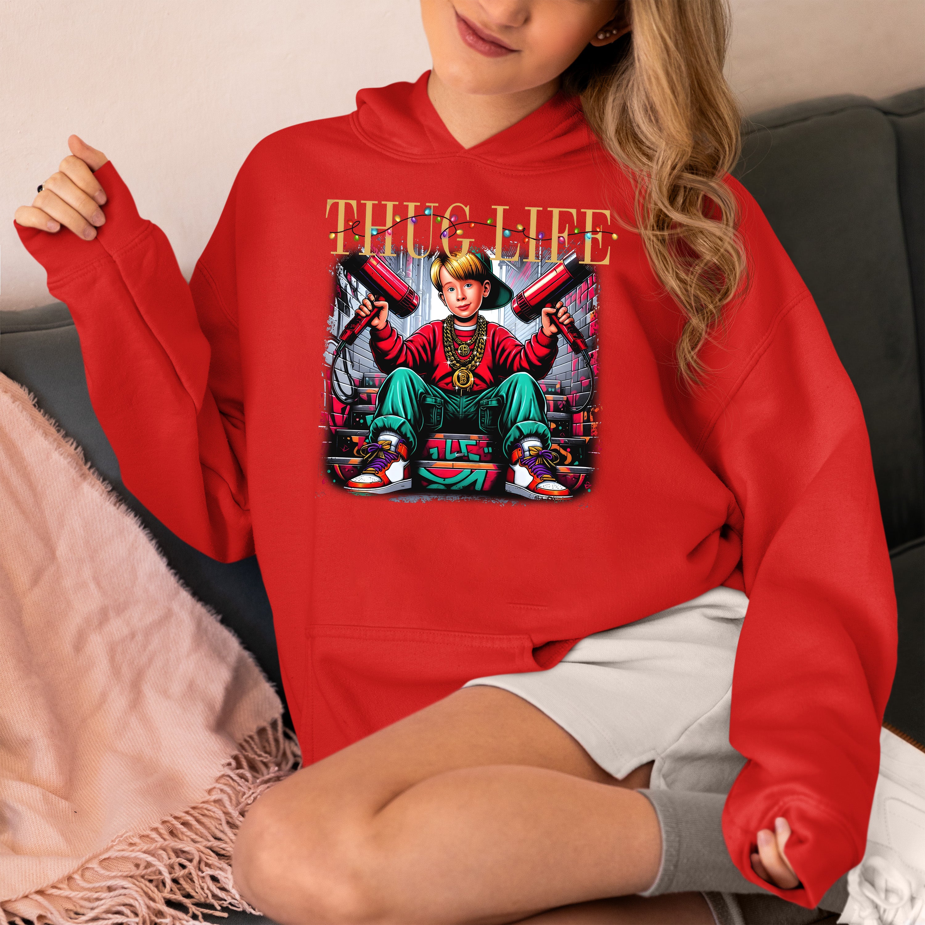 Christmas Thug Life Alone - Funny Holiday Quote Meme Humor - Festive Gift Idea for Him Hoodie