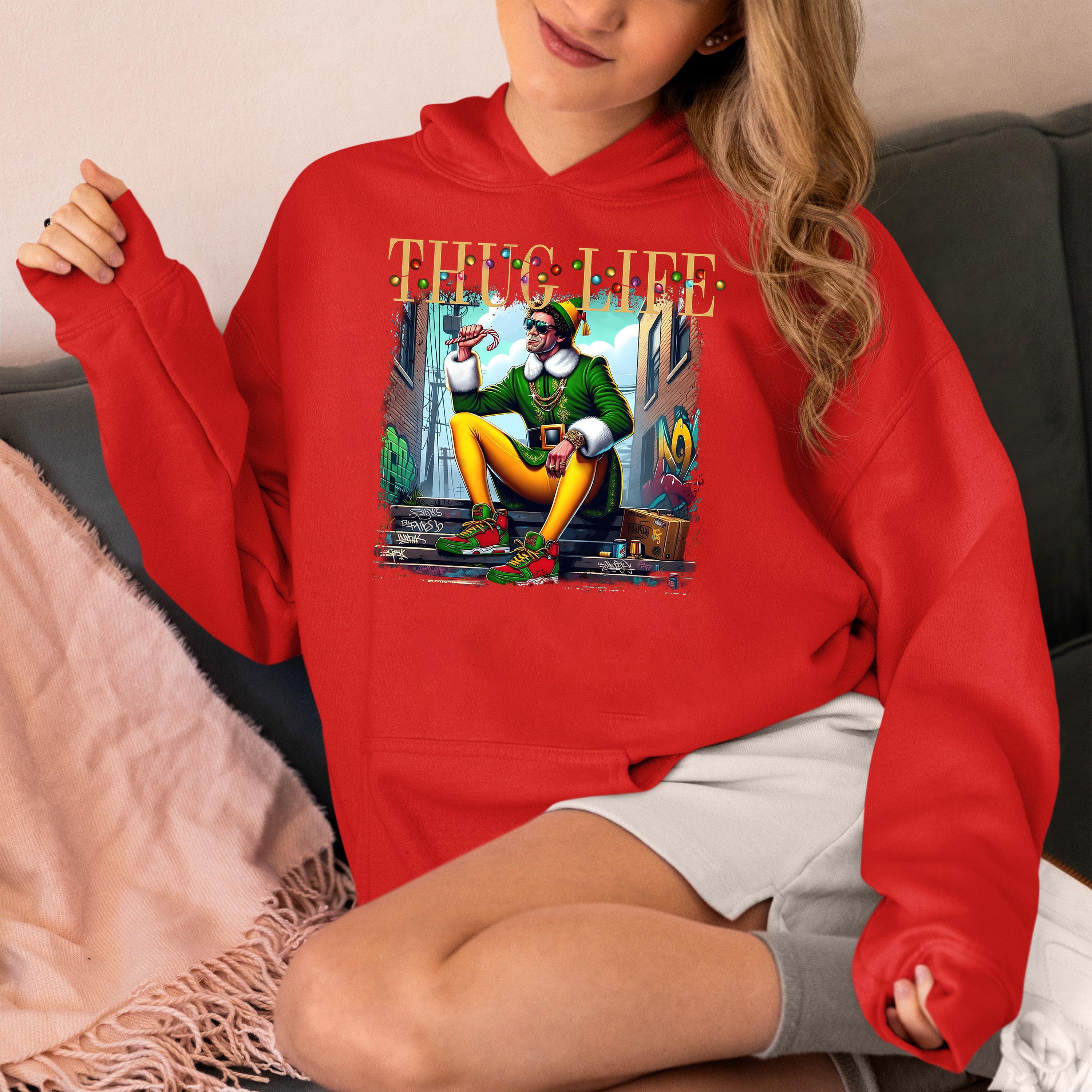 Thug Life Elf Christmas – Funny Holiday Elf Meme, Santa Humor, Naughty Nice Edition, Gifty Laughs for Holidays Hoodie