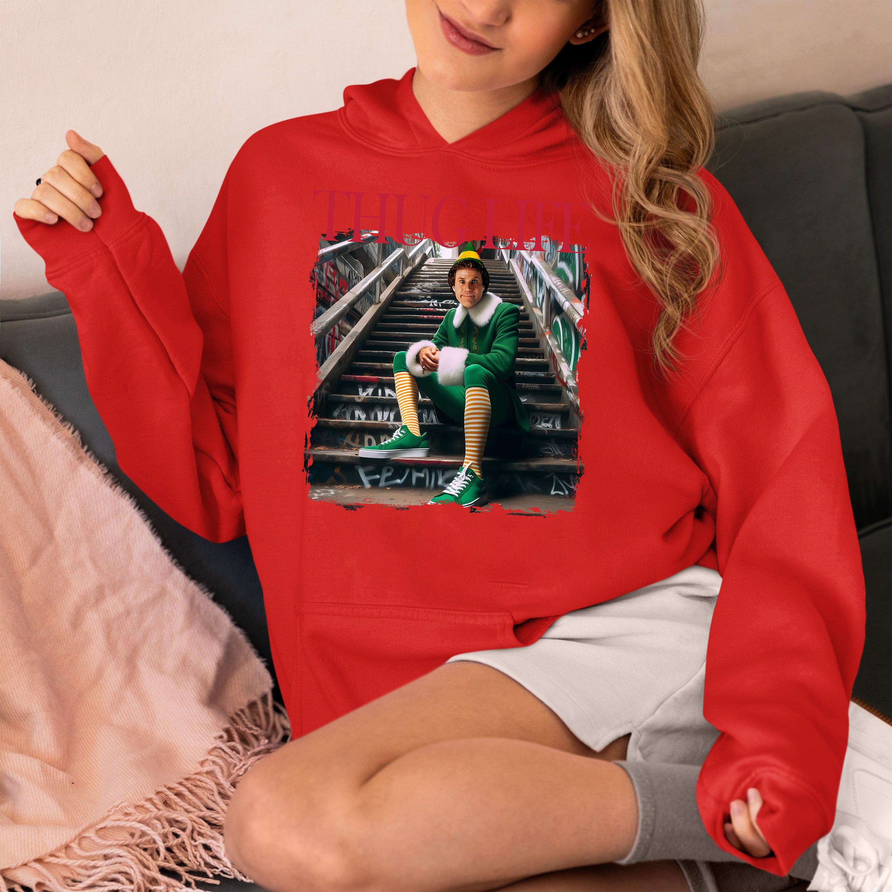 Thug Life Elf on the Streets | Christmas Humor, Naughty Elf Vibe, Festive Season Style, Holiday Laughs Gift Idea Hoodie