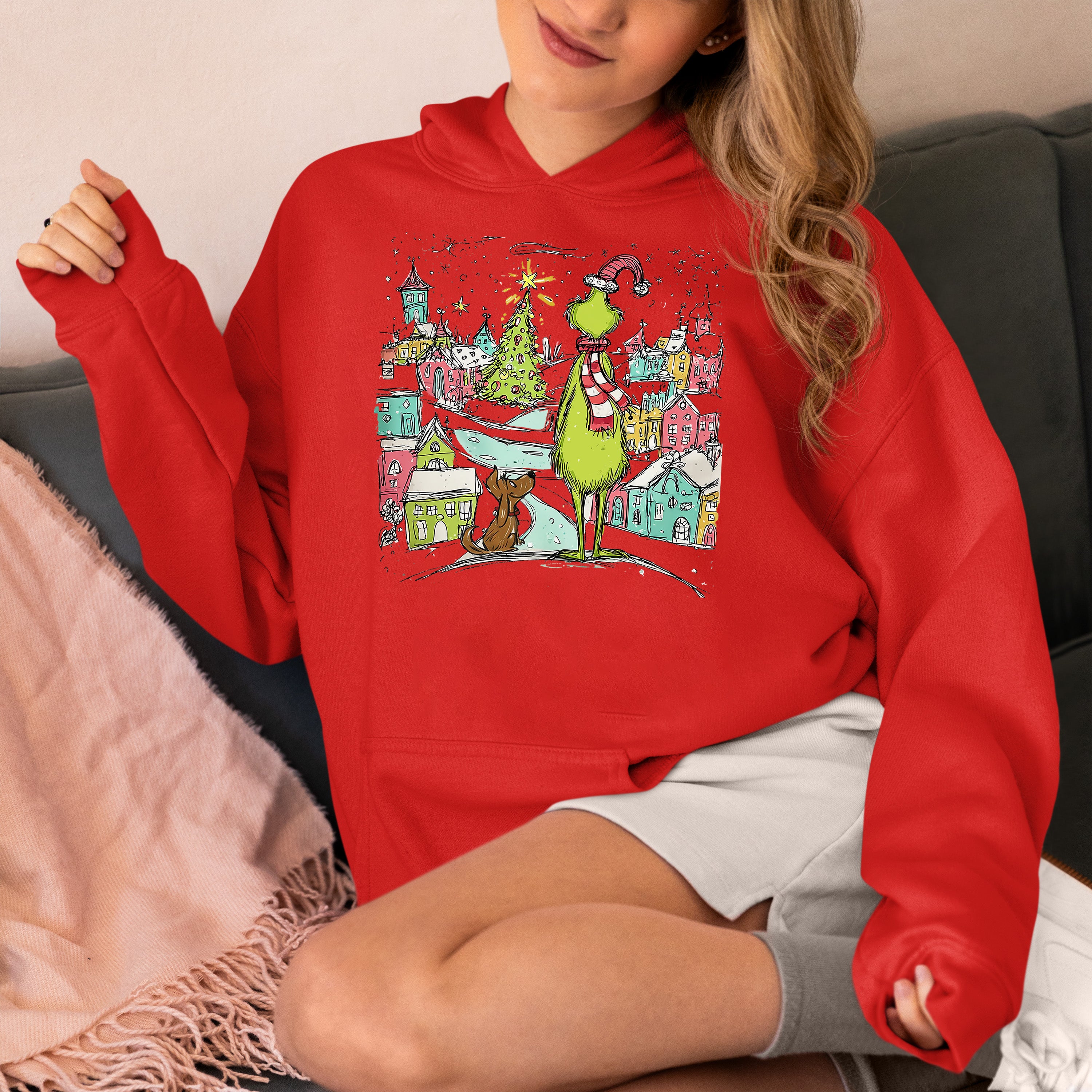 Line Drawing Christmas Illustration - Minimalist Holiday Scene, Nordic Christmas Art, Cozy Winter Gift Hoodie