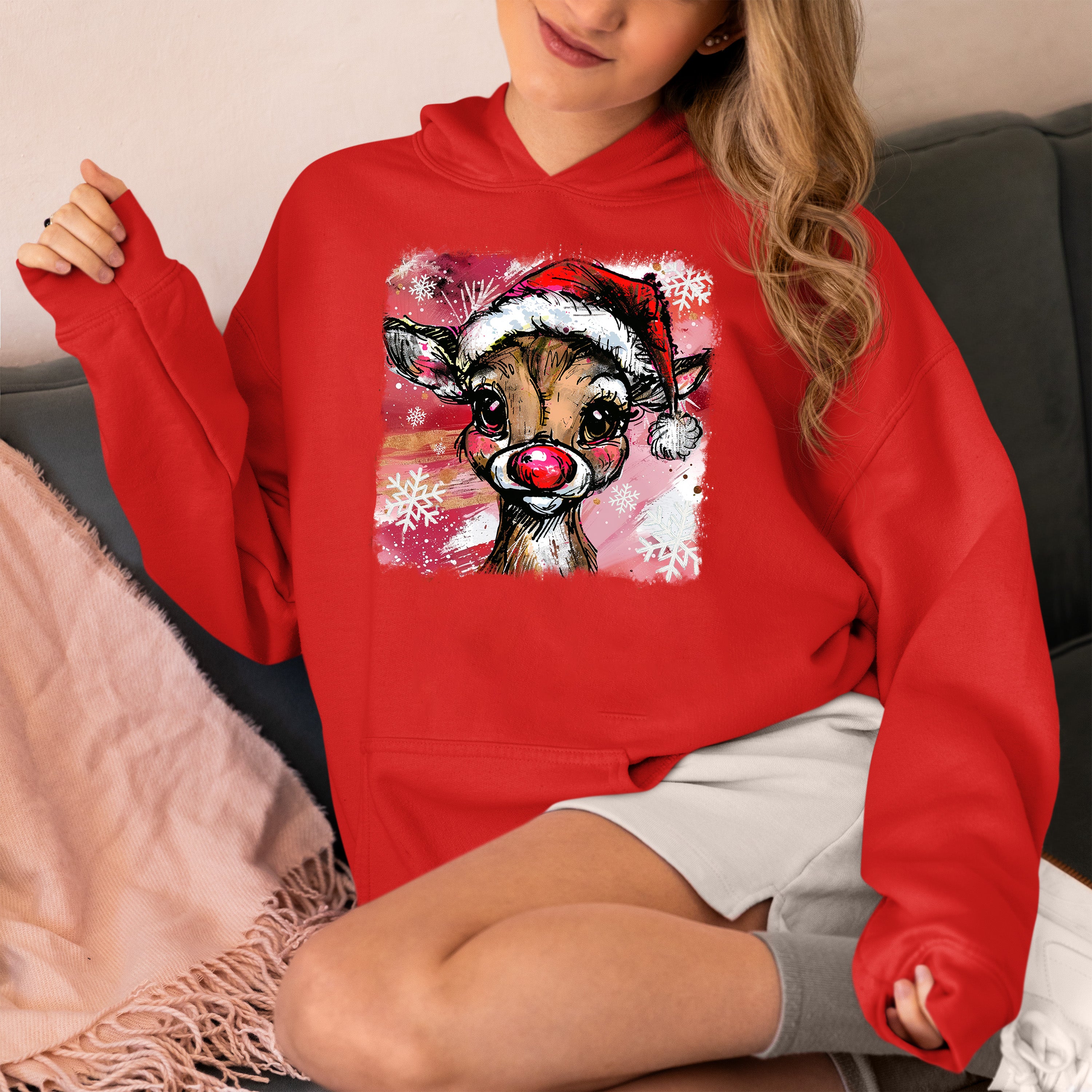 Christmas Reindeer with Hat - Festive Holiday Gift Idea, Handcrafted Seasonal Charm Hoodie