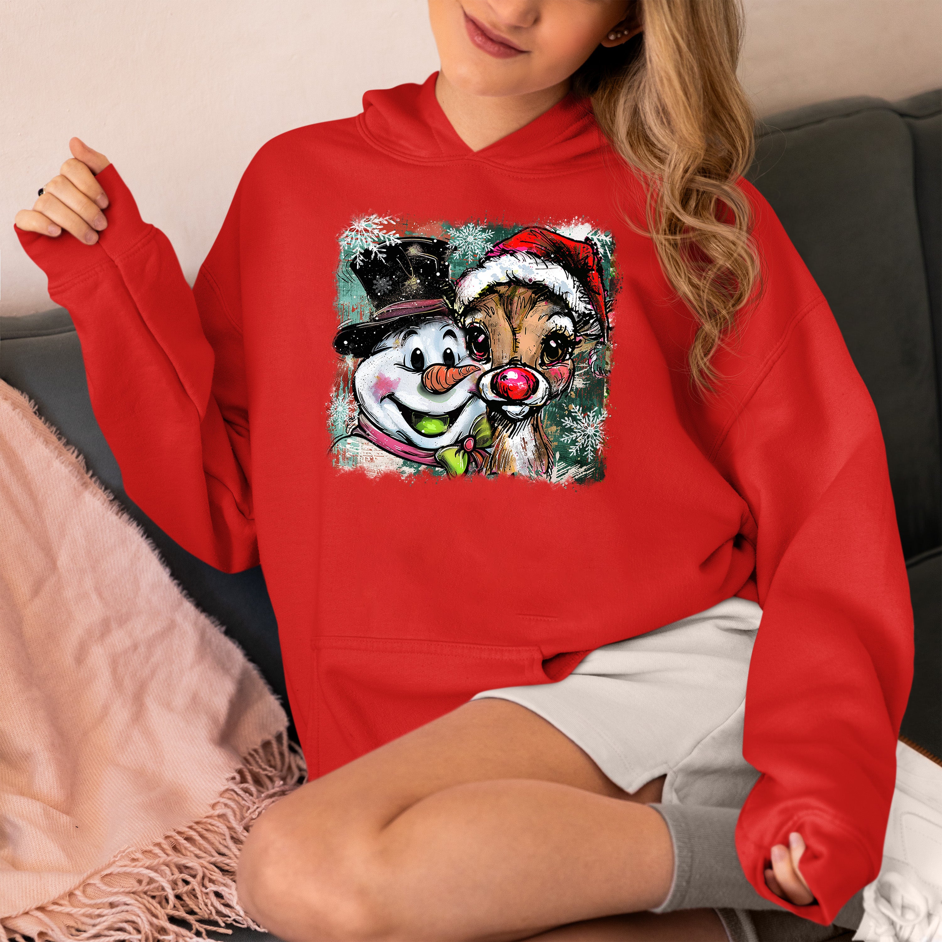 Christmas Raindeer with Snowman Scene, Cozy Winter Holiday Craft, Handmade Seasonal Gift Idea Hoodie