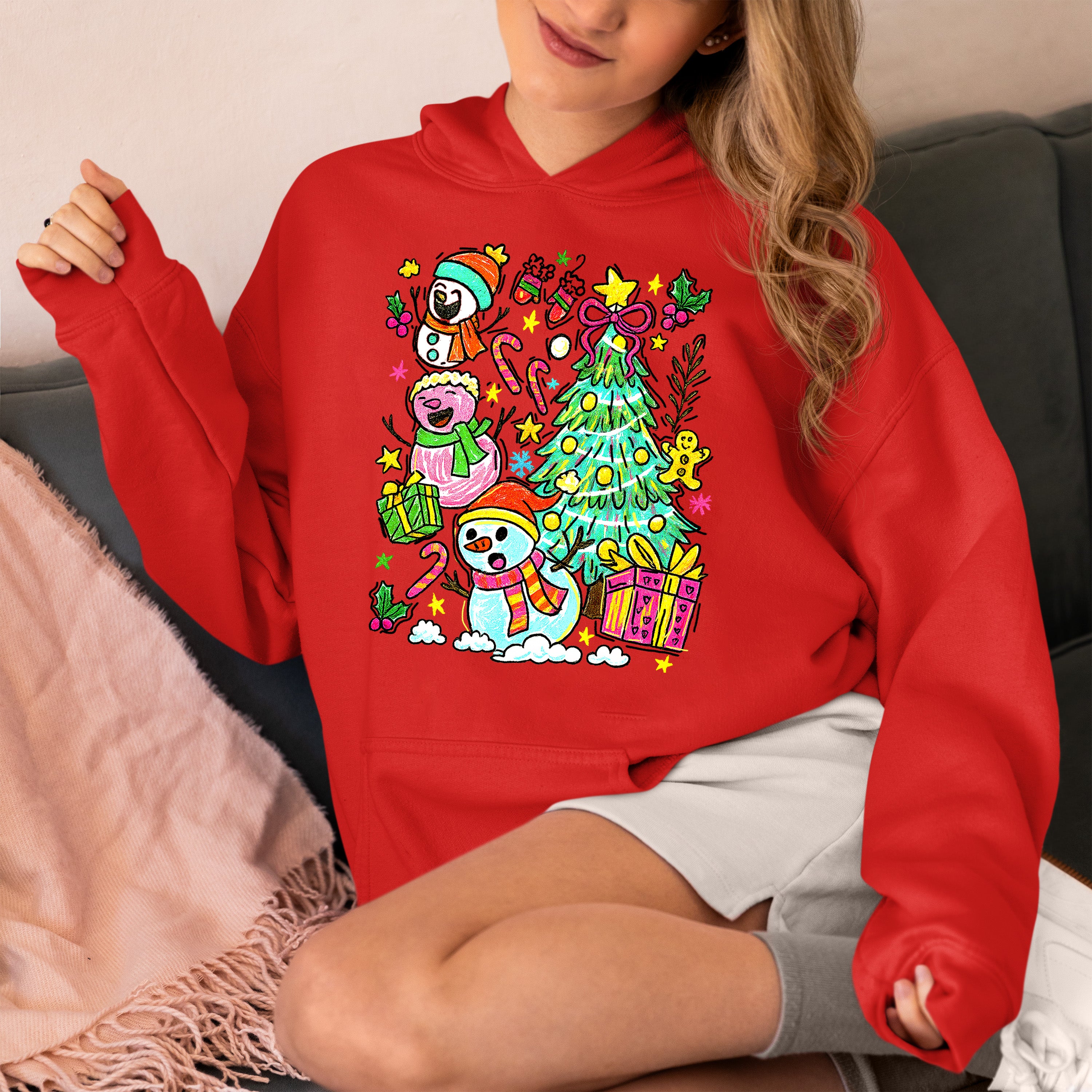 Christmas Line Drawing - Minimalist Holiday Sketch, Festive Snow Scene, Clean Black Ink Line Art for Gifts & Home Hoodie