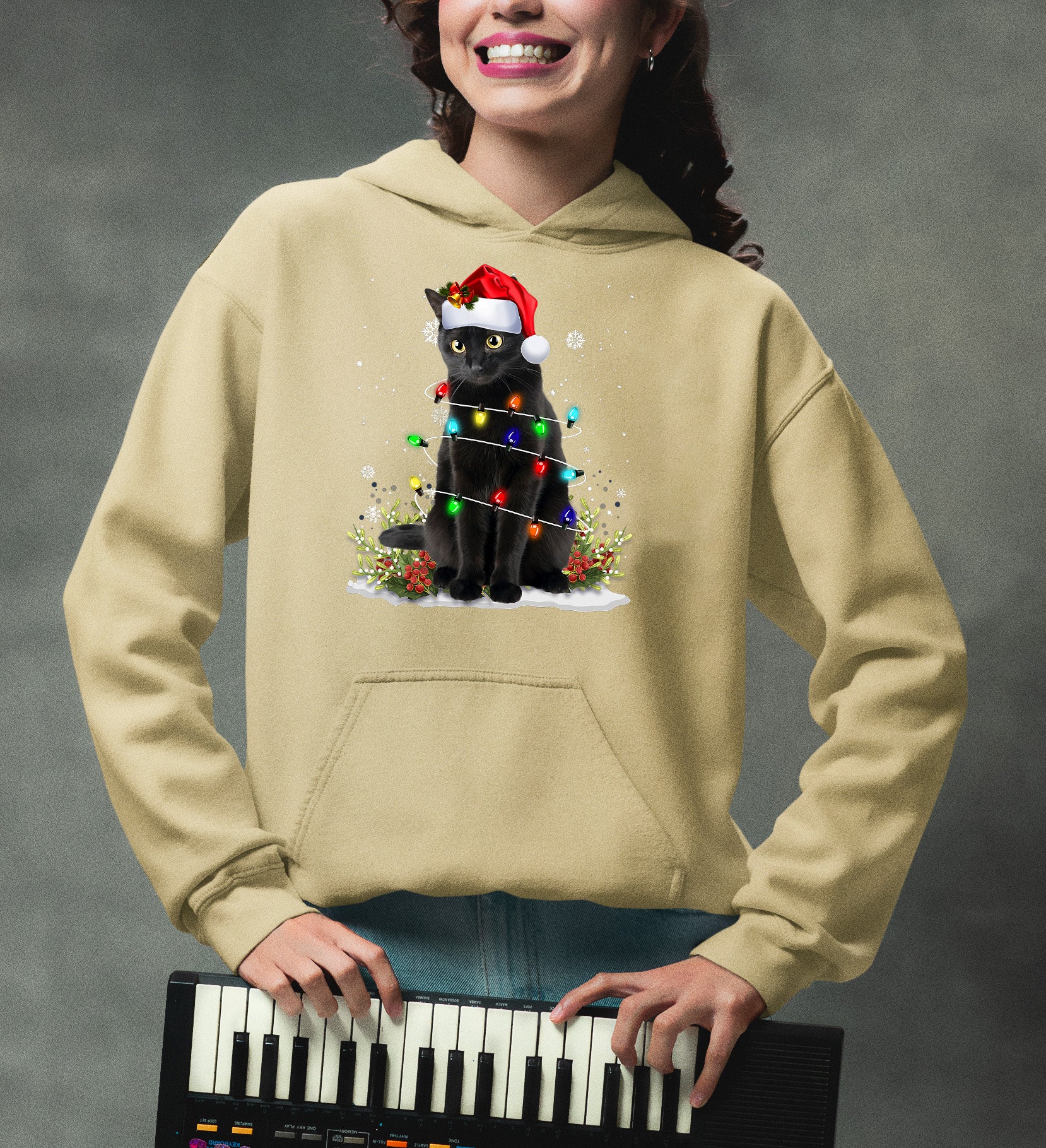 Christmas Cat Wrapped in Lights - Cute Festive Kitty in Holiday Glow, Perfect Gift for Cat Lovers, Cozy Seasonal Charm Hoodie