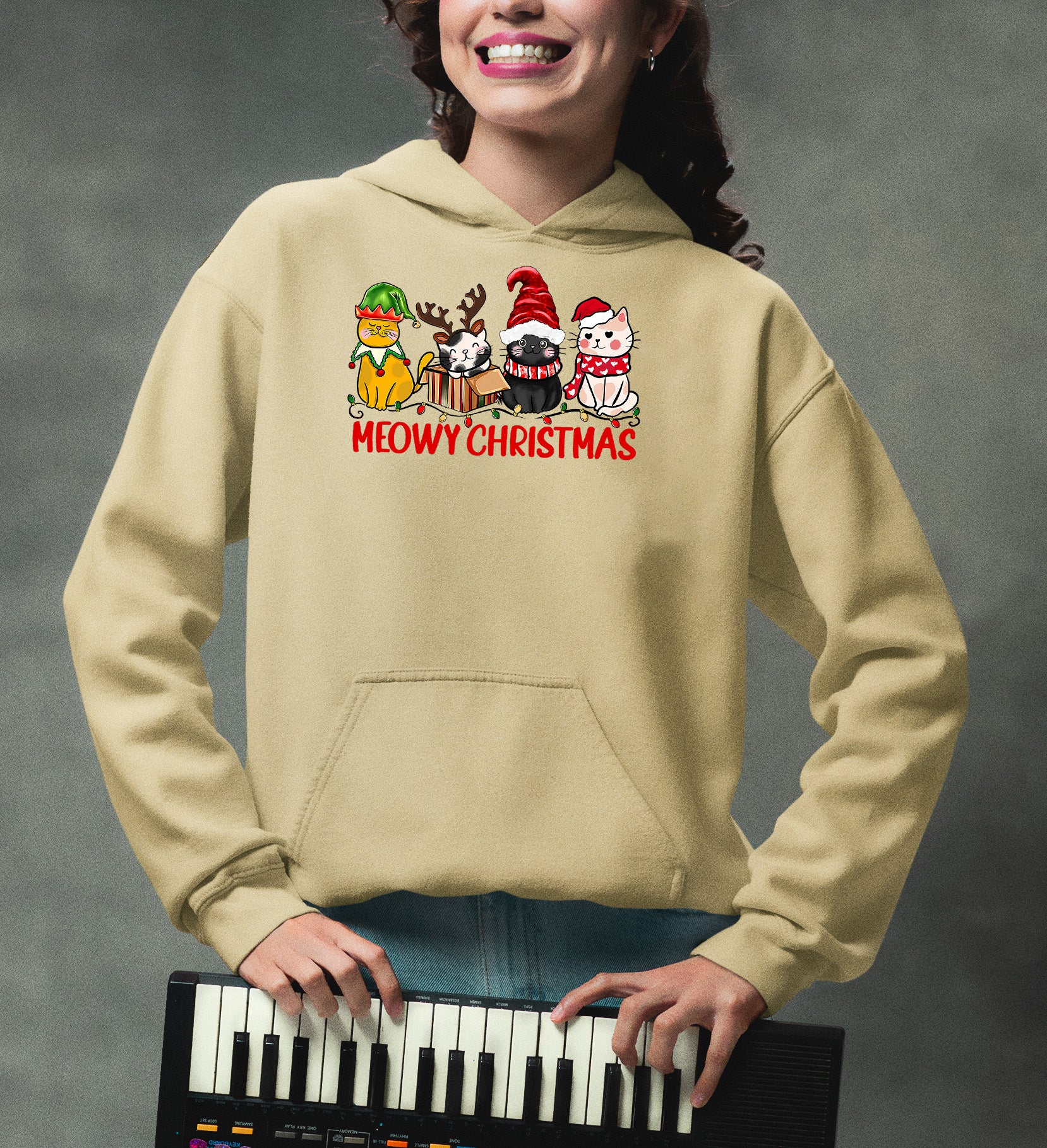 Meowy Christmas Cat Art - Festive Holiday Illustration for Cat Lovers, Cute Seasonal Gift Idea Hoodie