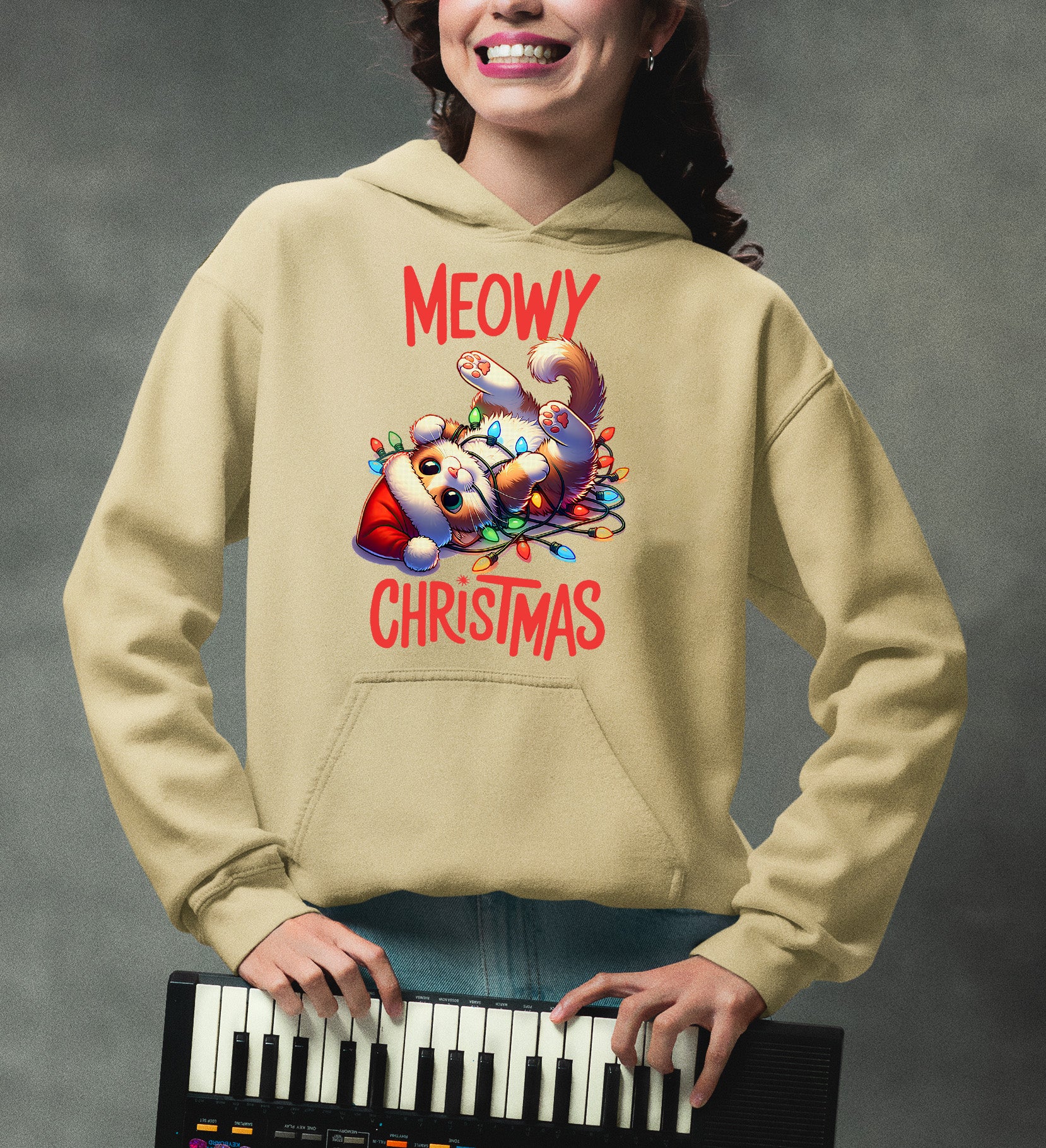 Meowy Christmas Cat Illustration, Festive Holiday Poster for Cat Lovers, Cozy Seasonal Gift, Cute Feline Artwork Hoodie