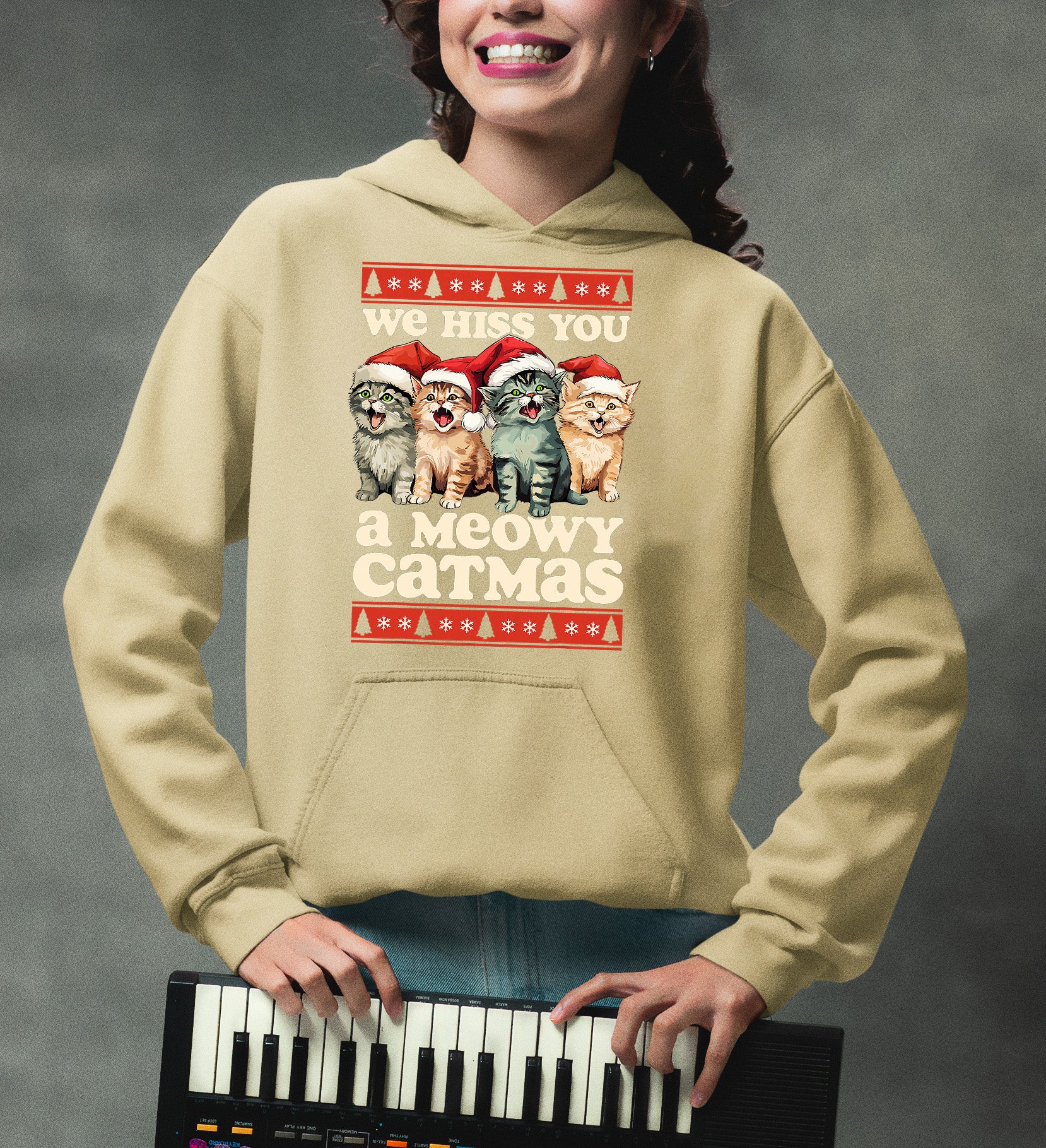 We Wish You a Meowy Christmas – Festive Cat Holiday Greeting for Season's Cheer, Cute Feline Themed Artwork Hoodie
