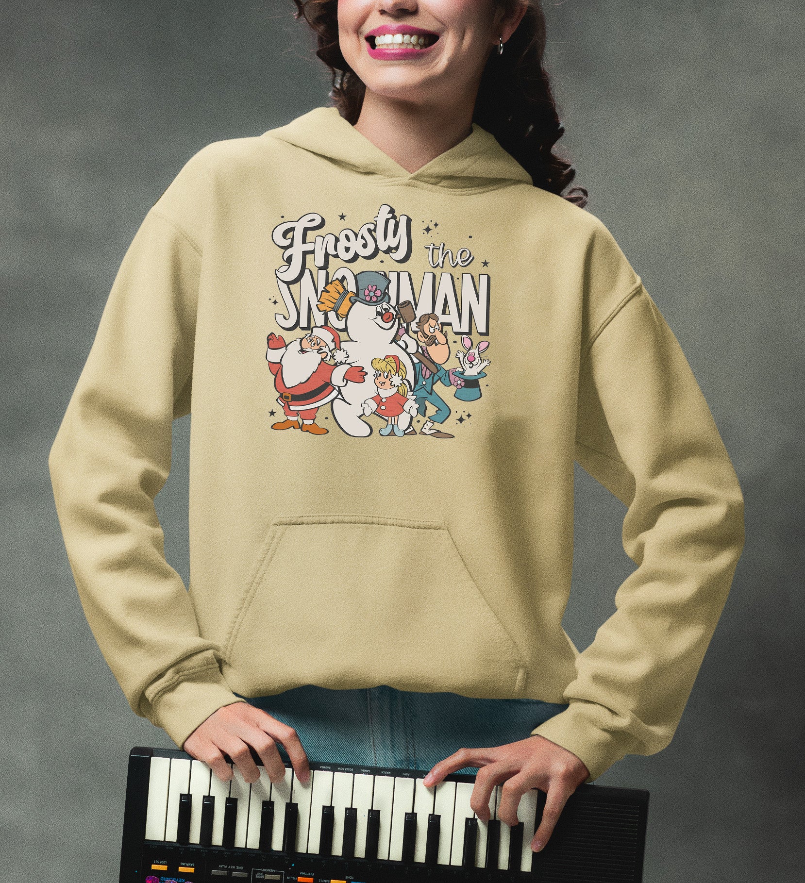 Frosty Snowman Christmas Theme Artwork, Cozy Winter Holiday Gift Idea, Seasonal Frosty Illustration Hoodie