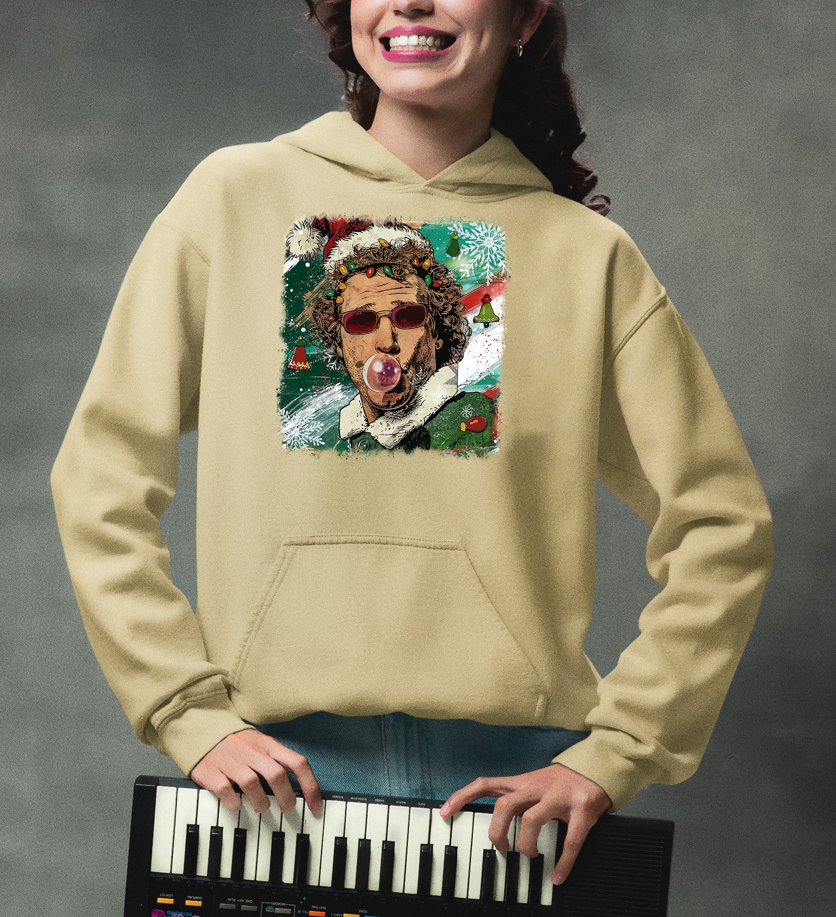 Christmas Elf Bubblegum Artwork, Whimsical Holiday Elf Art with Bubblegum, Festive Fantasy Illustration Gift Idea Hoodie