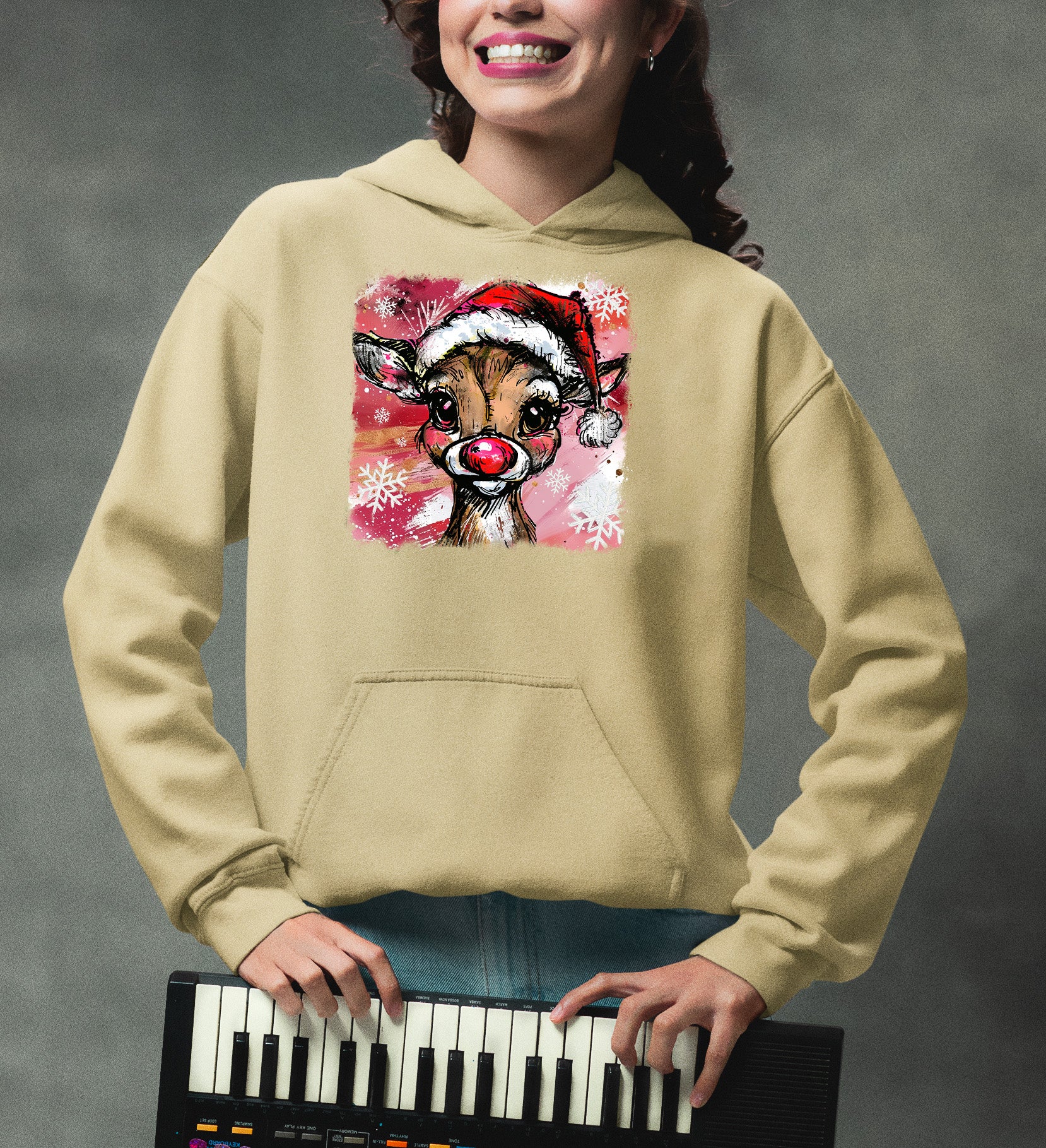 Christmas Reindeer with Hat - Festive Holiday Gift Idea, Handcrafted Seasonal Charm Hoodie