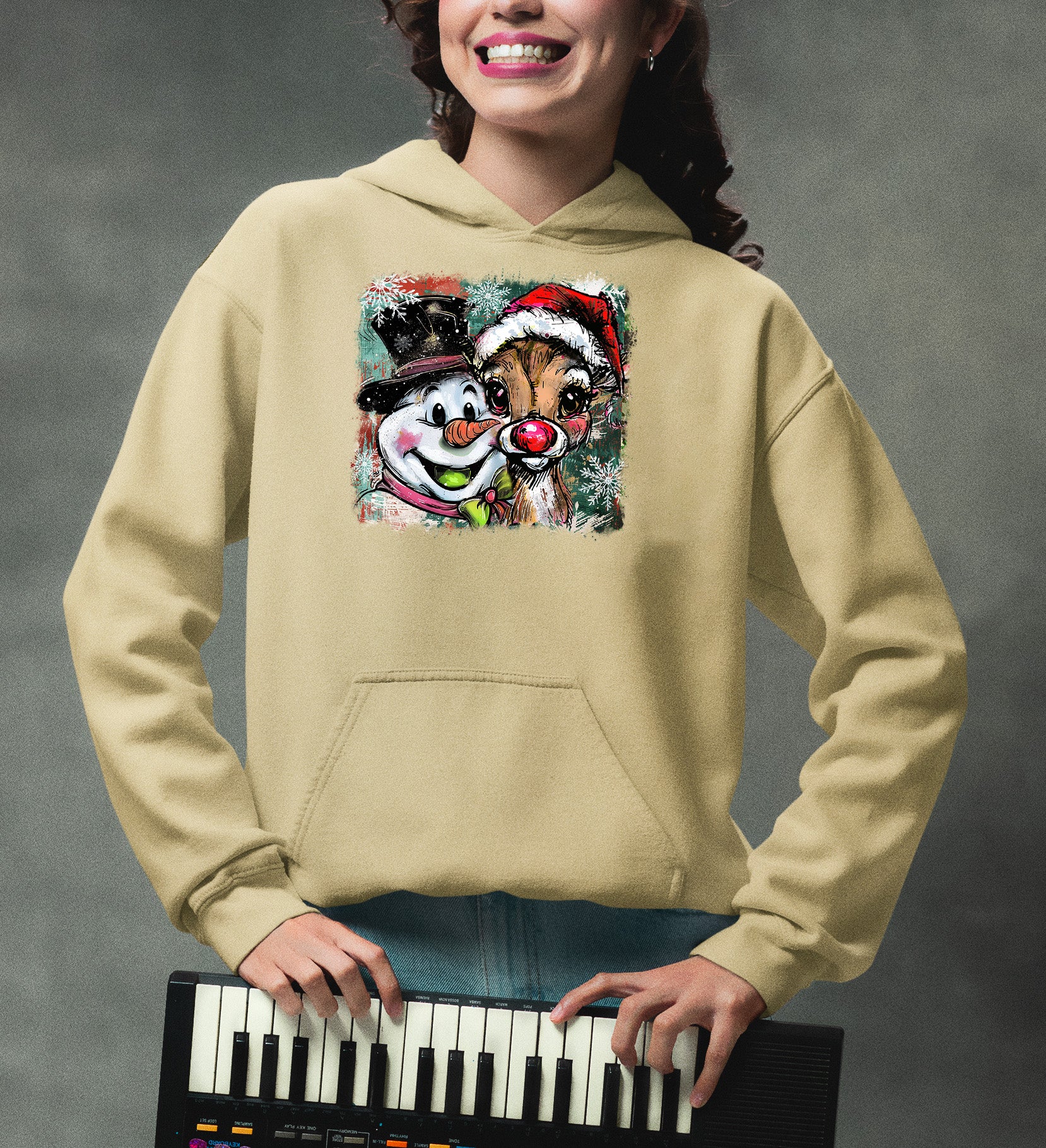 Christmas Raindeer with Snowman Scene, Cozy Winter Holiday Craft, Handmade Seasonal Gift Idea Hoodie