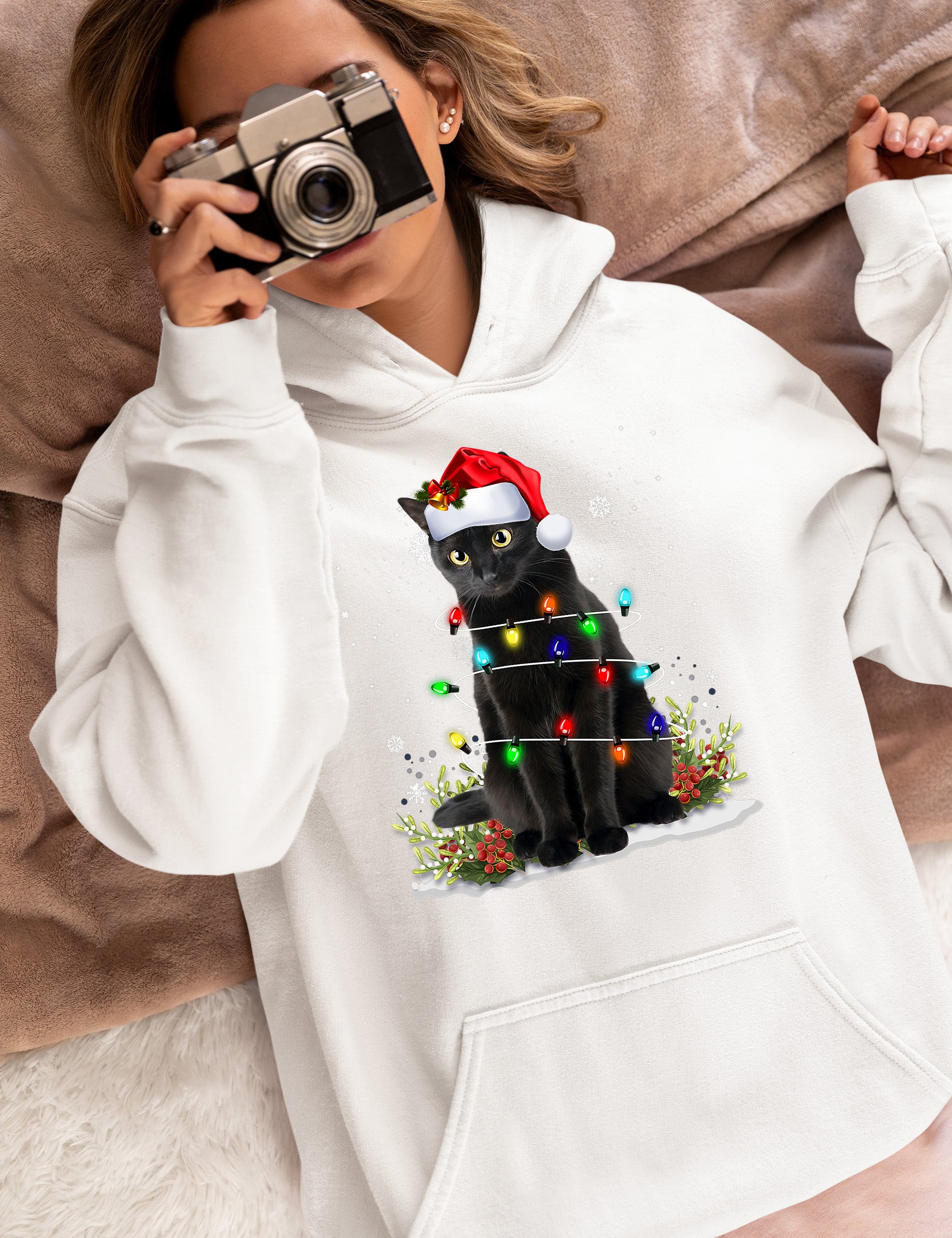 Christmas Cat Wrapped in Lights - Cute Festive Kitty in Holiday Glow, Perfect Gift for Cat Lovers, Cozy Seasonal Charm Hoodie