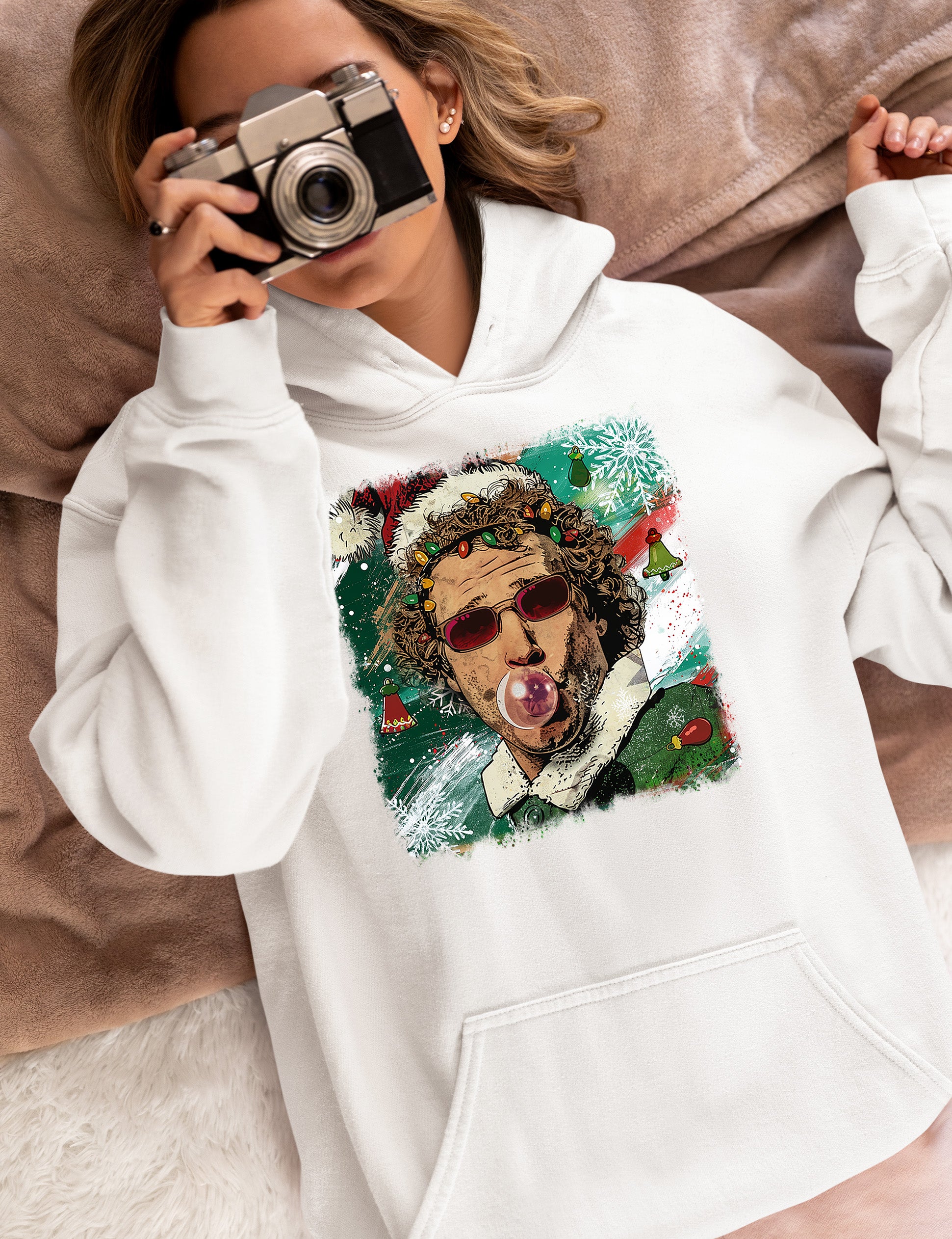 Christmas Elf Bubblegum Artwork, Whimsical Holiday Elf Art with Bubblegum, Festive Fantasy Illustration Gift Idea Hoodie